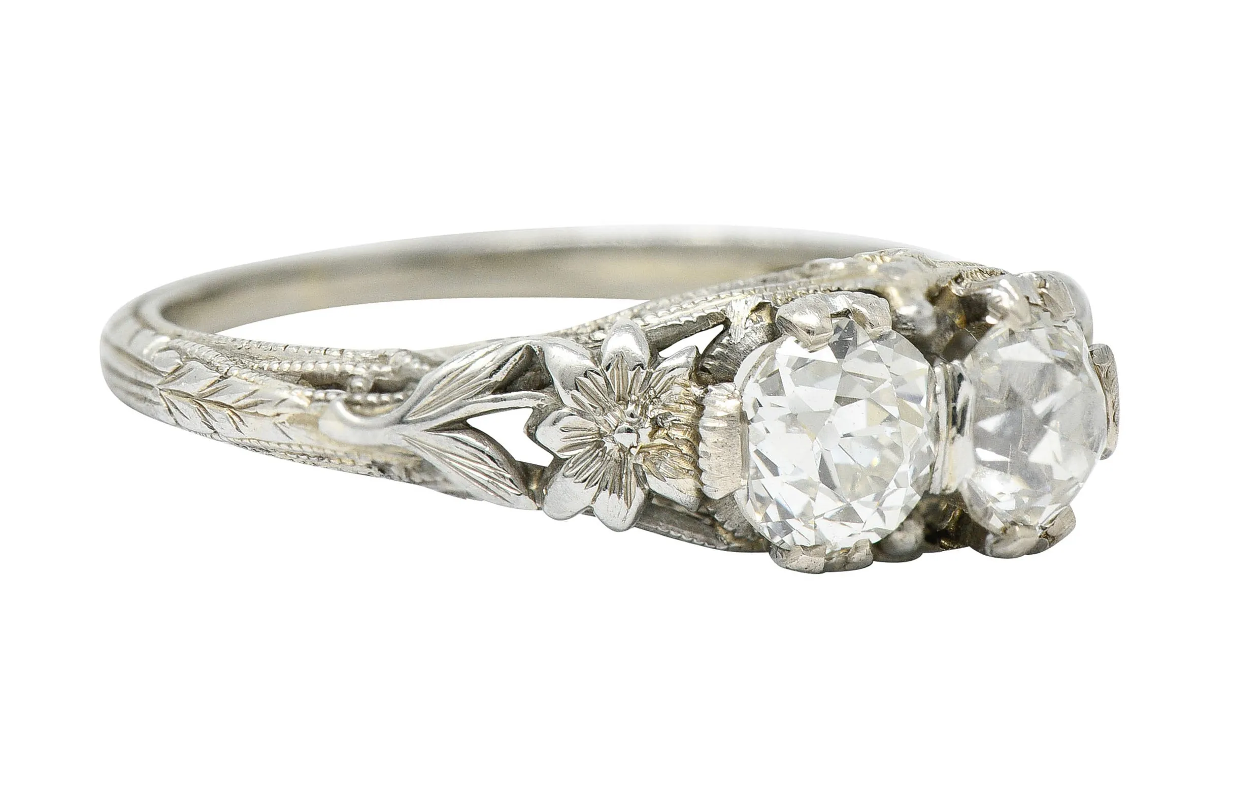 Edwardian 0.95 CTW Double Diamond 18 Karat White Gold Toi Et Moi Ring