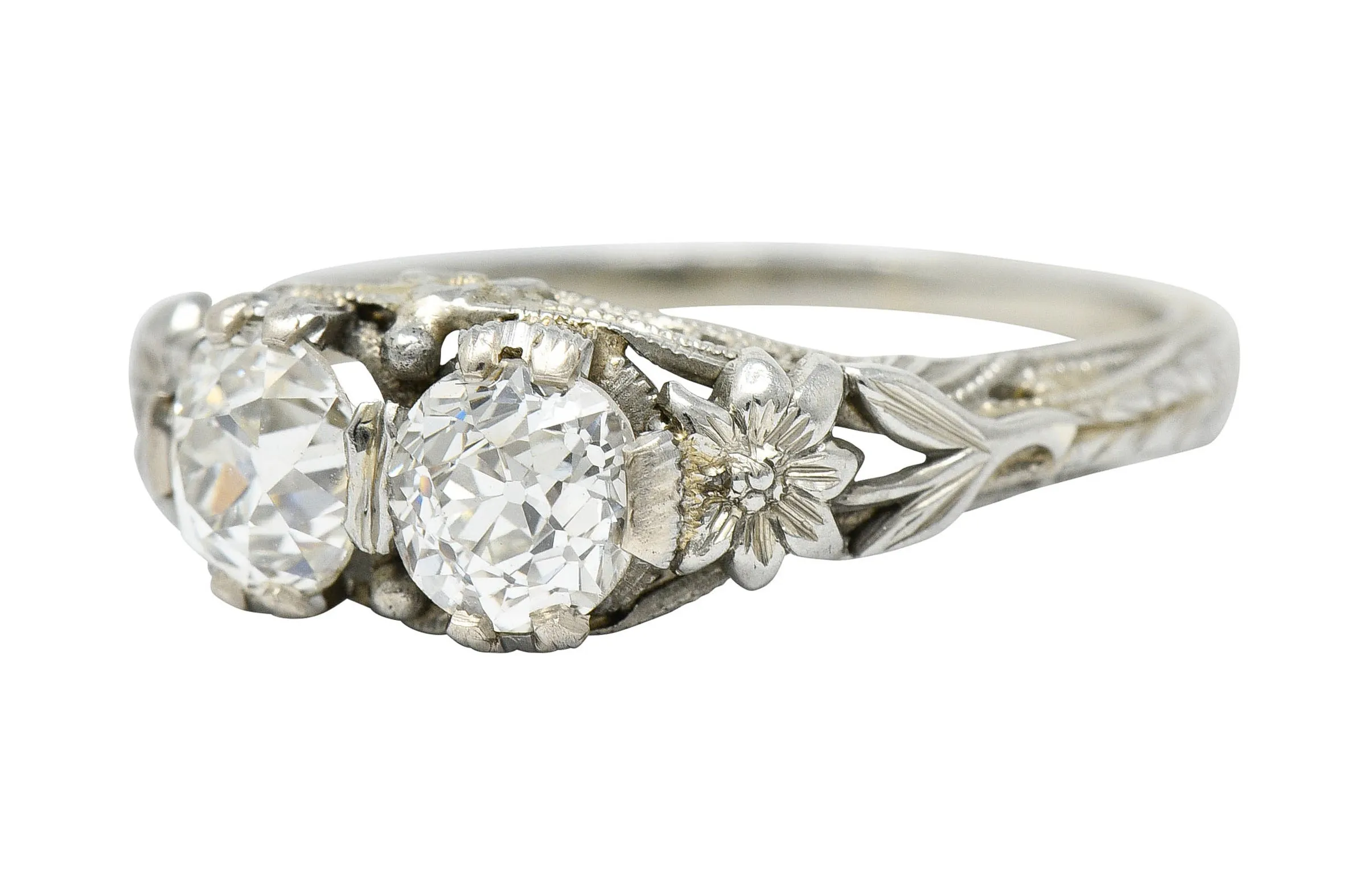 Edwardian 0.95 CTW Double Diamond 18 Karat White Gold Toi Et Moi Ring