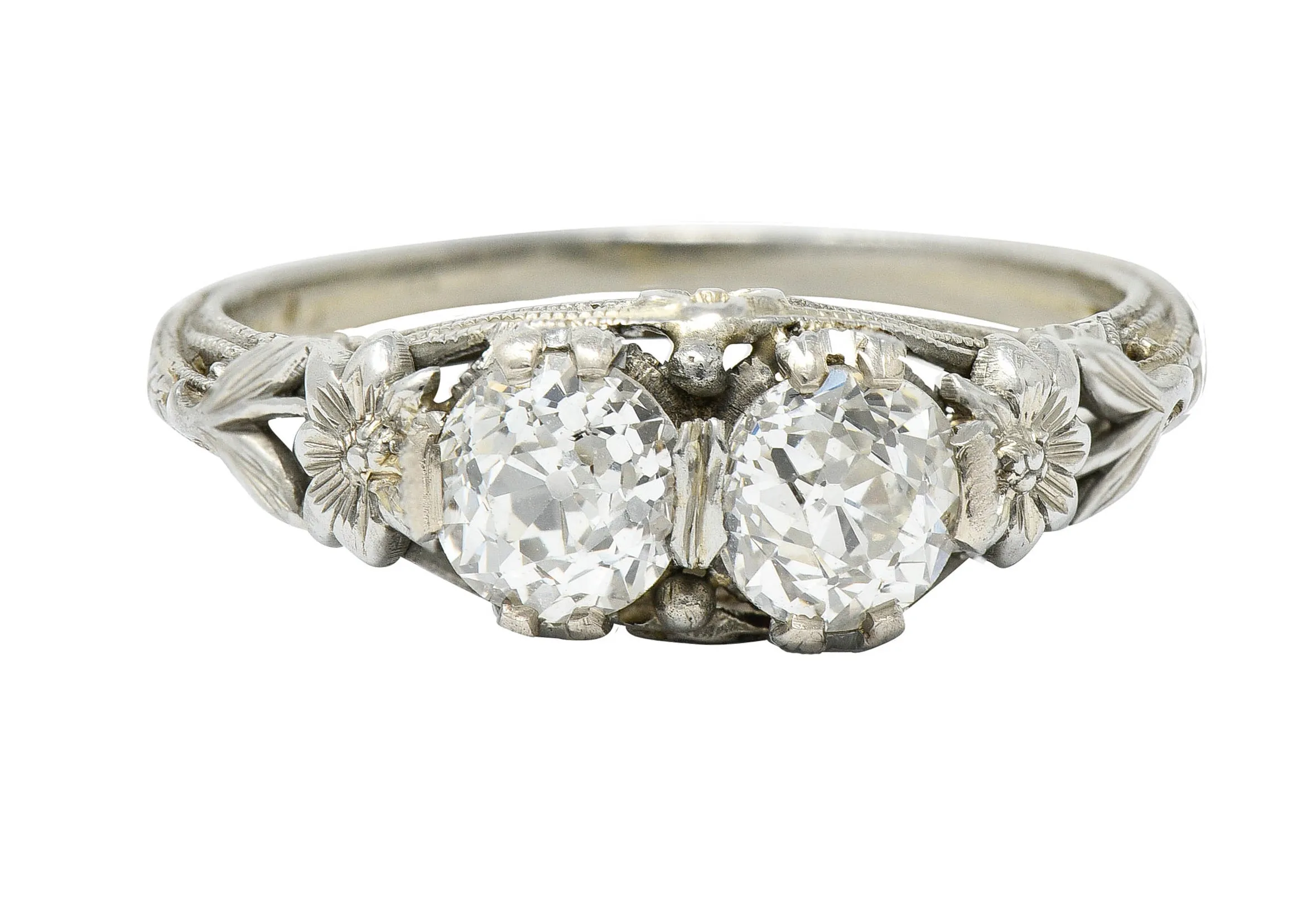 Edwardian 0.95 CTW Double Diamond 18 Karat White Gold Toi Et Moi Ring