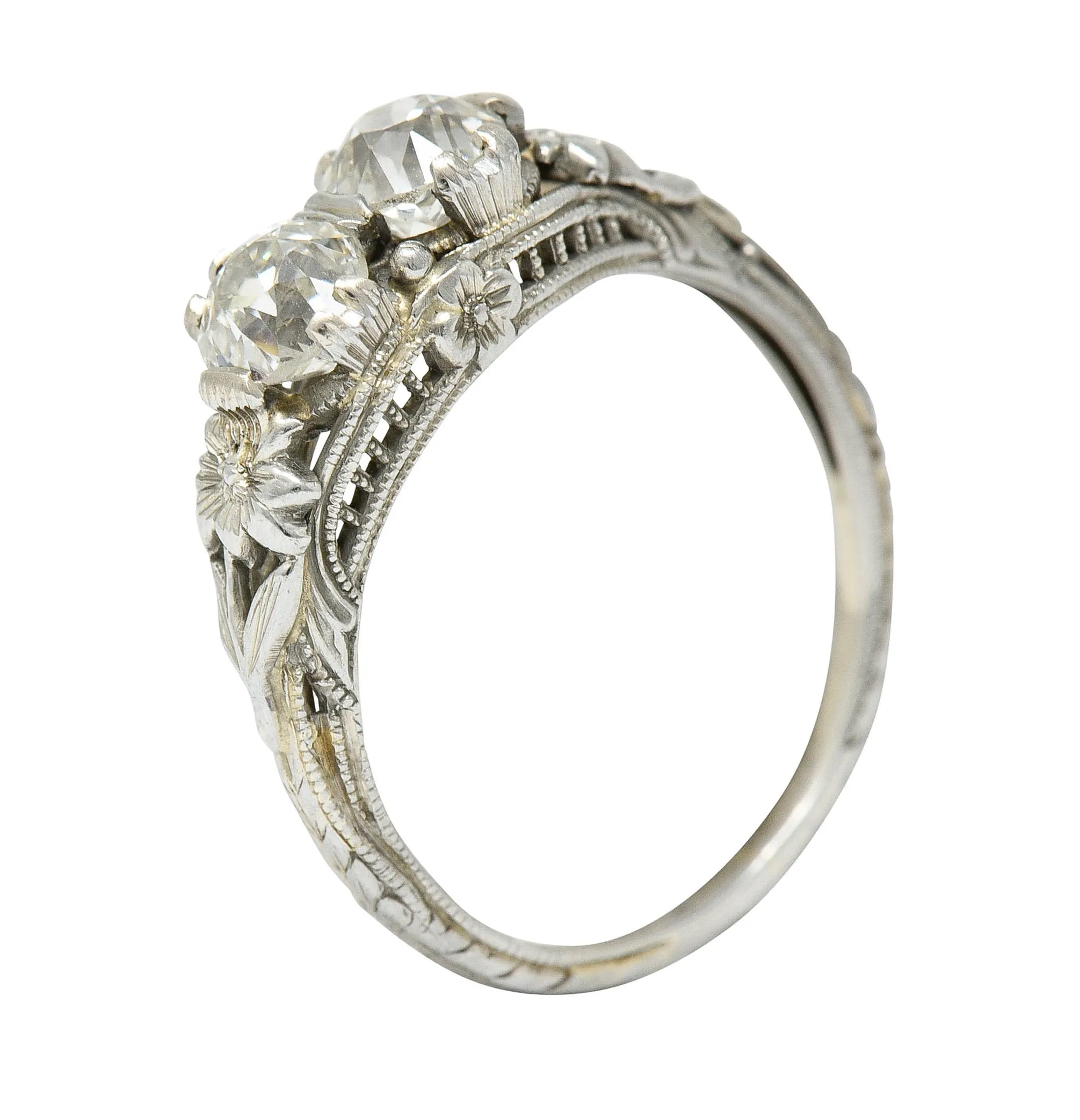 Edwardian 0.95 CTW Double Diamond 18 Karat White Gold Toi Et Moi Ring