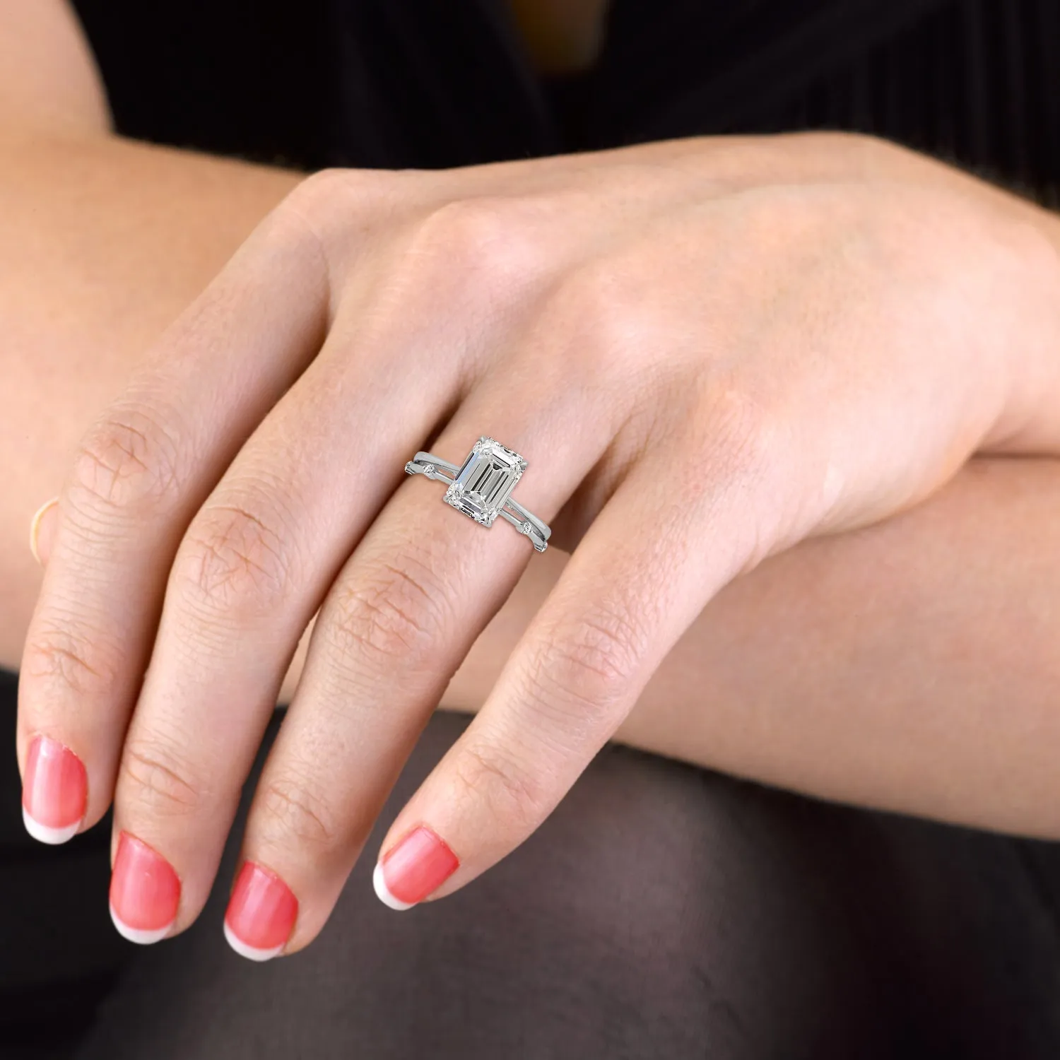Emerald Cut Hidden Halo Cathedral Engagement Ring Bridal Set - 721
