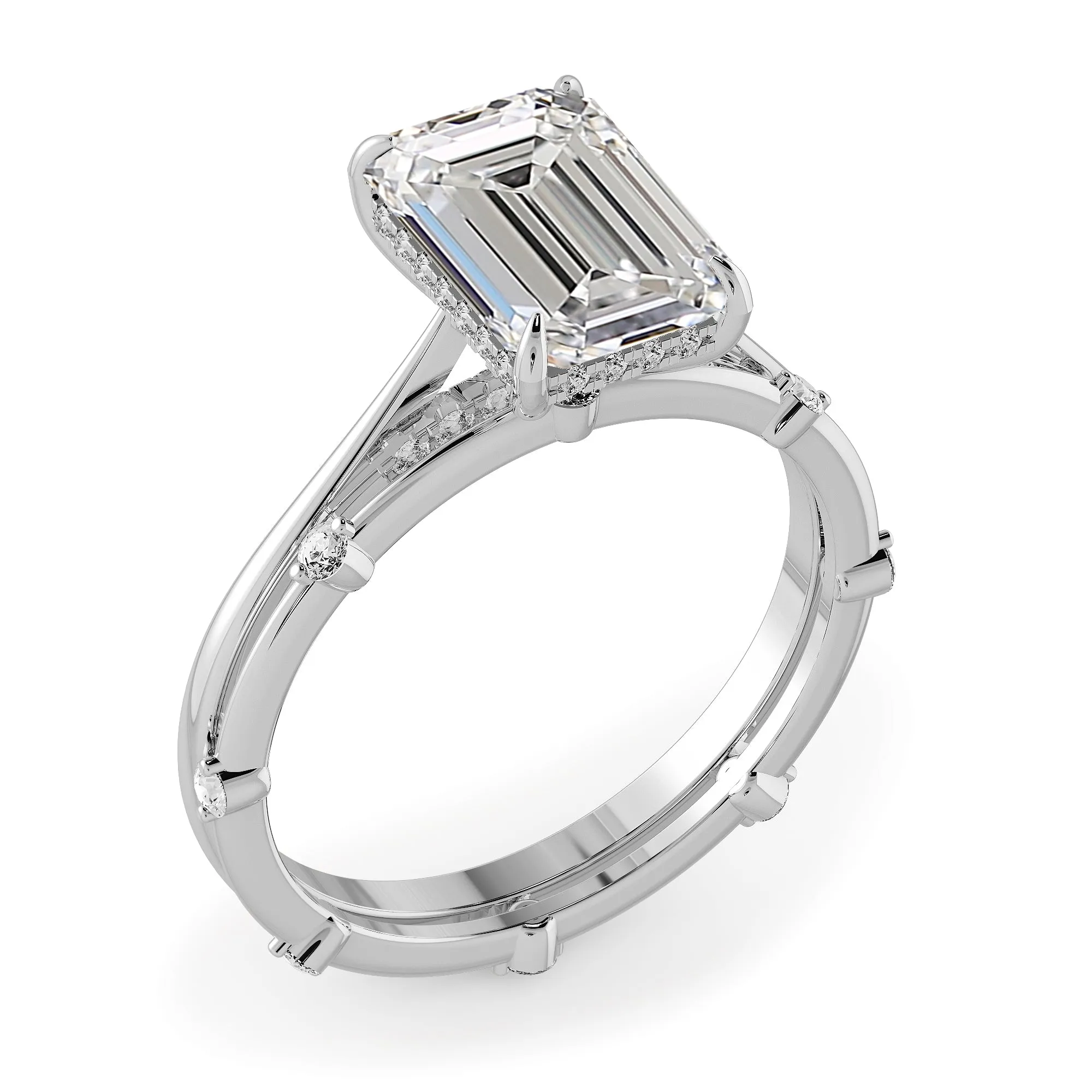 Emerald Cut Hidden Halo Cathedral Engagement Ring Bridal Set - 721