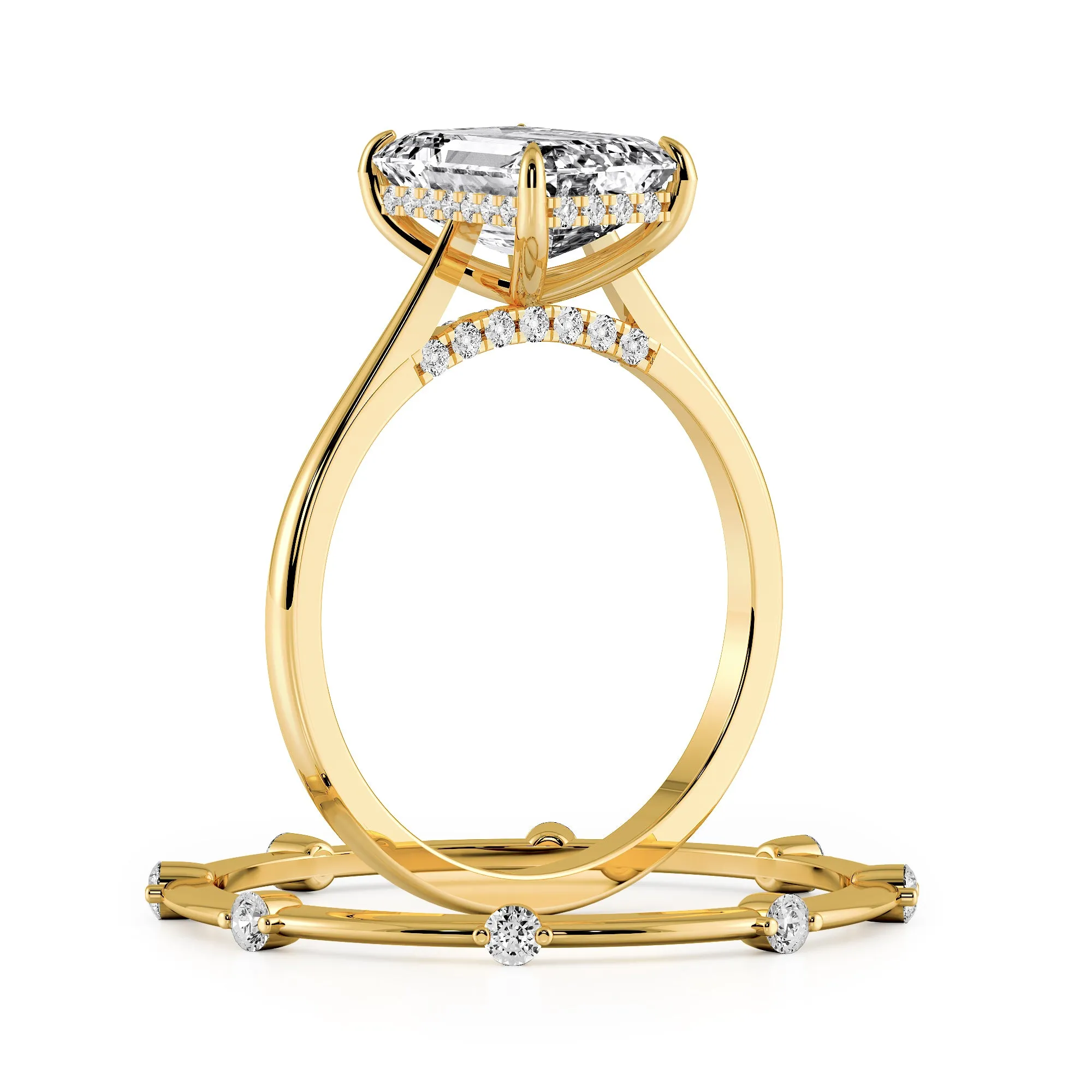 Emerald Cut Hidden Halo Cathedral Engagement Ring Bridal Set - 721