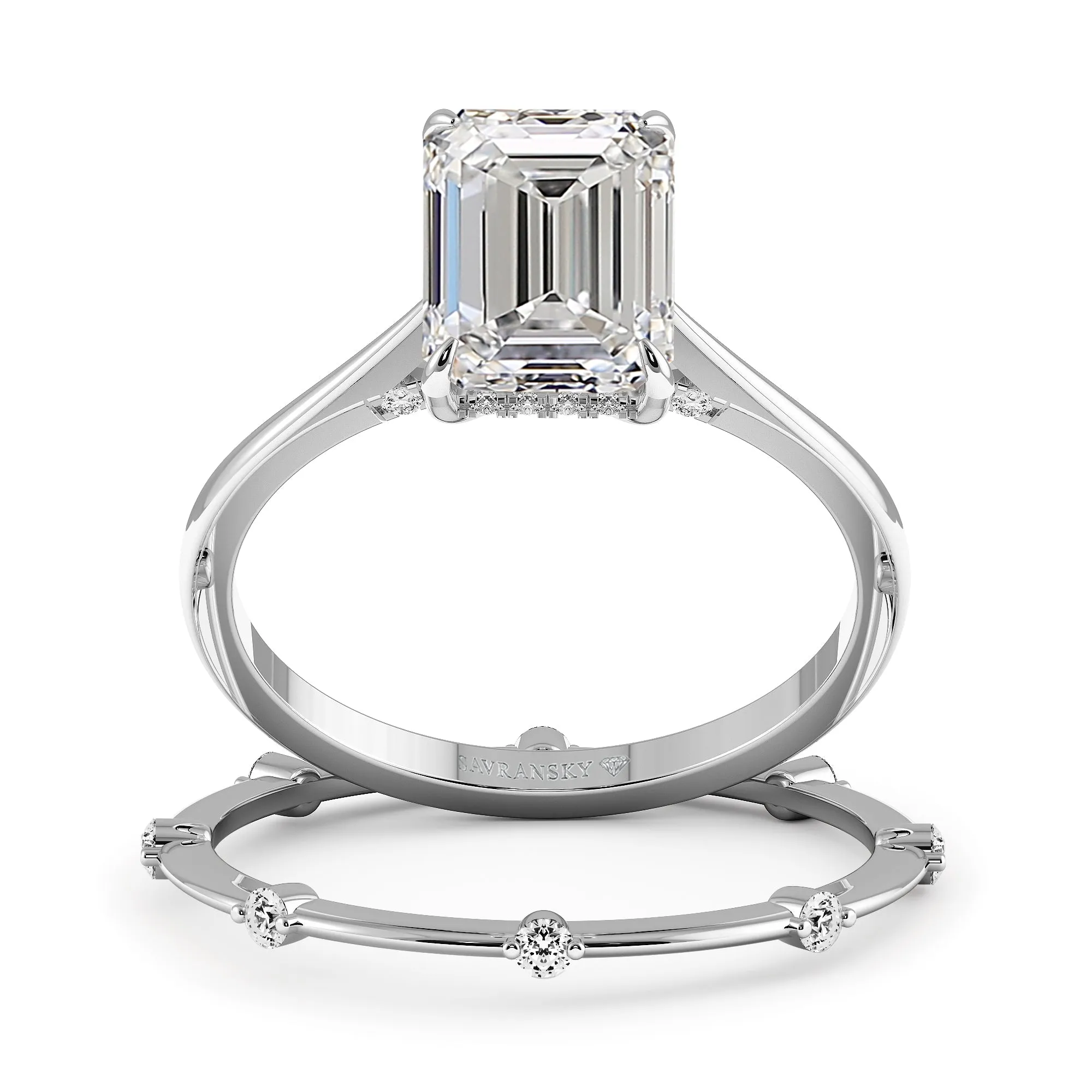 Emerald Cut Hidden Halo Cathedral Engagement Ring Bridal Set - 721
