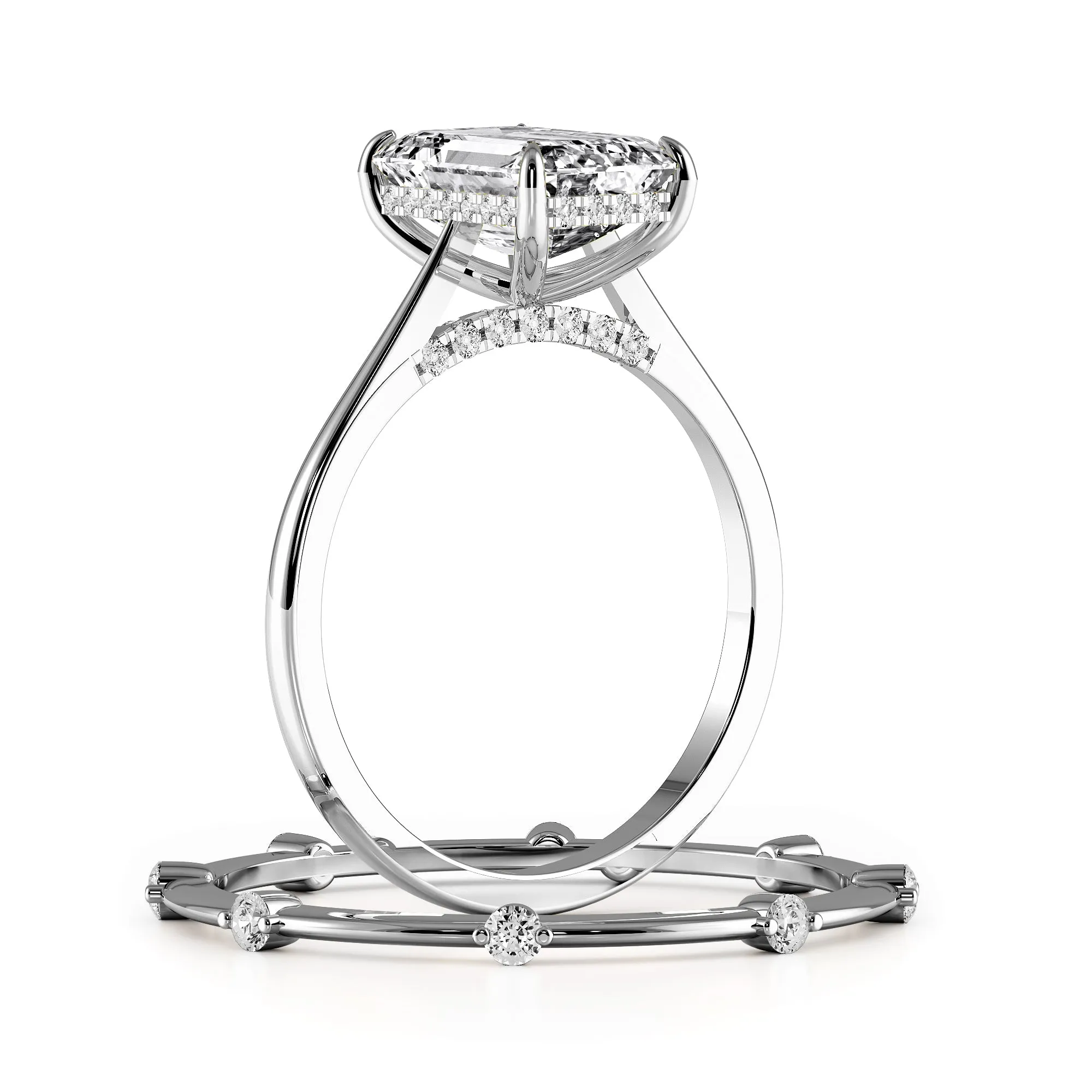 Emerald Cut Hidden Halo Cathedral Engagement Ring Bridal Set - 721