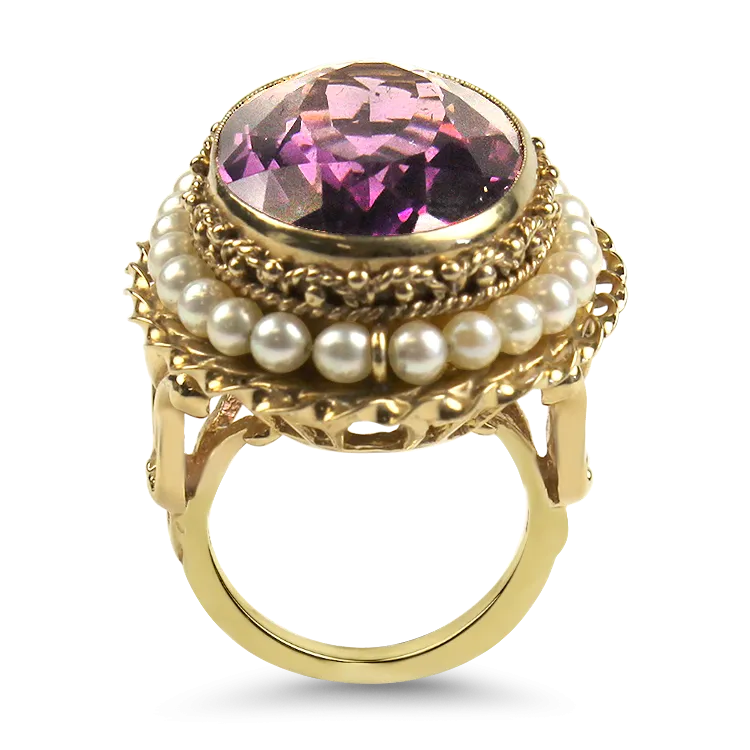 Estate 14k Yellow Gold Amethyst and Pearl Ring