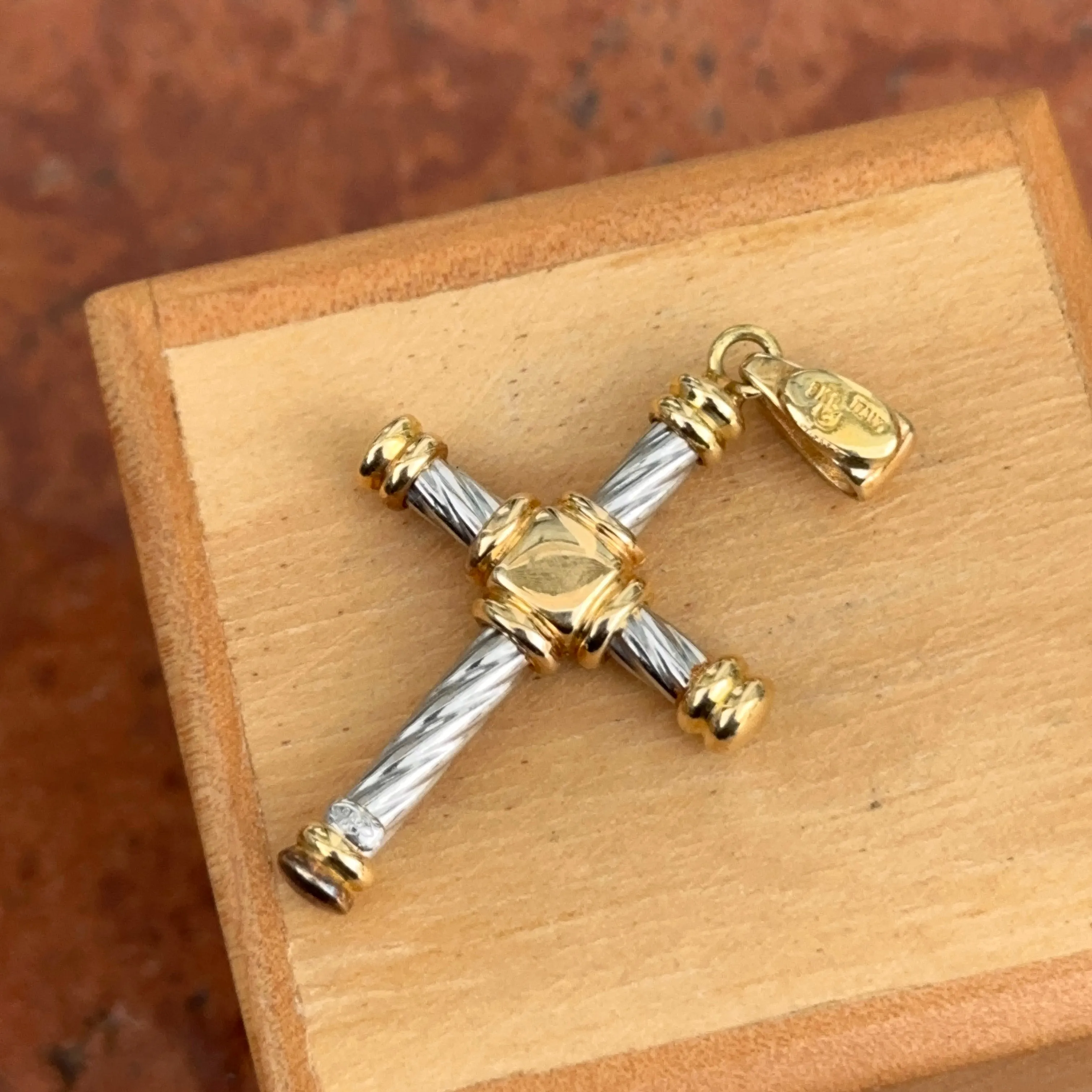 Estate 18KT White   Yellow Gold Twisted Design Cross Pendant
