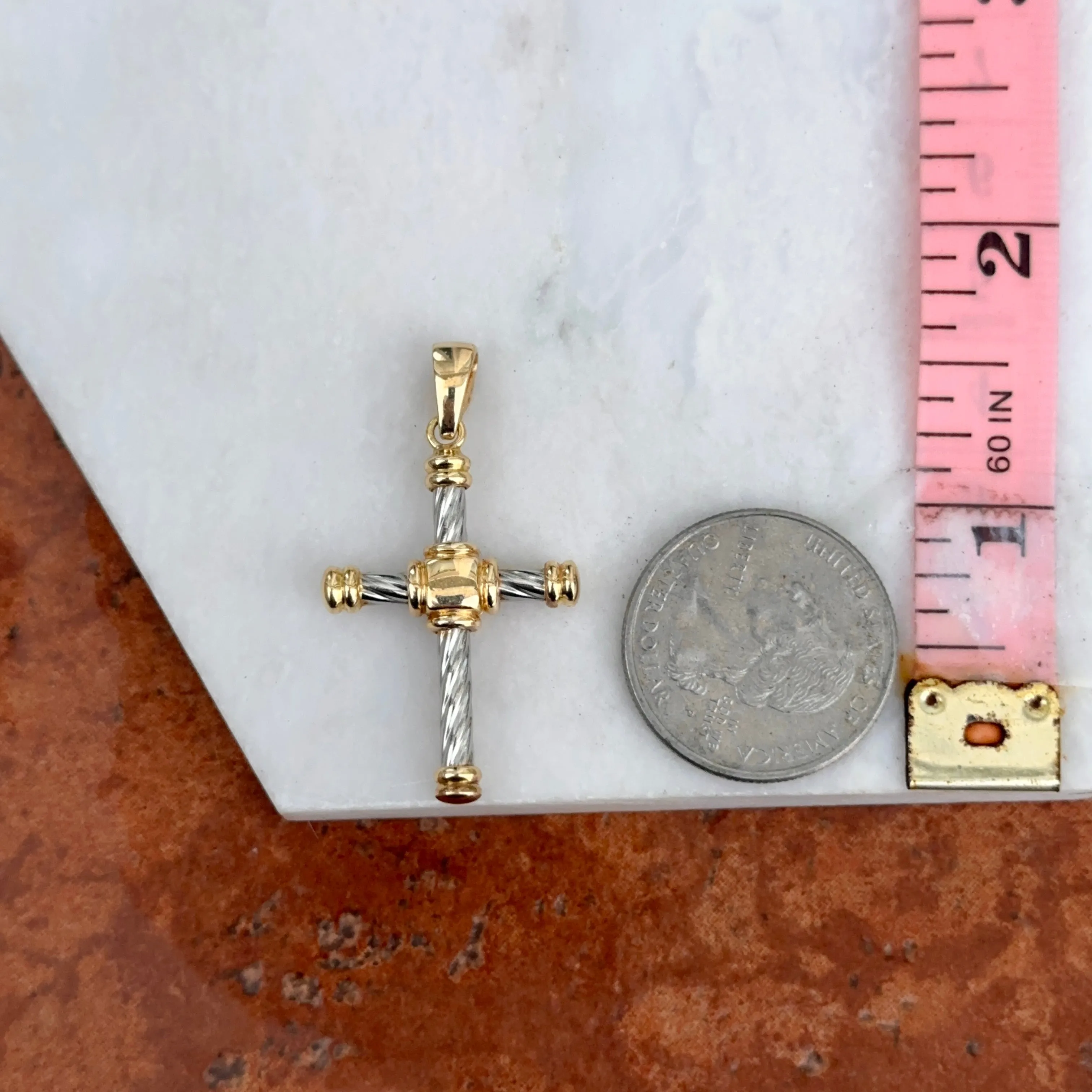 Estate 18KT White   Yellow Gold Twisted Design Cross Pendant