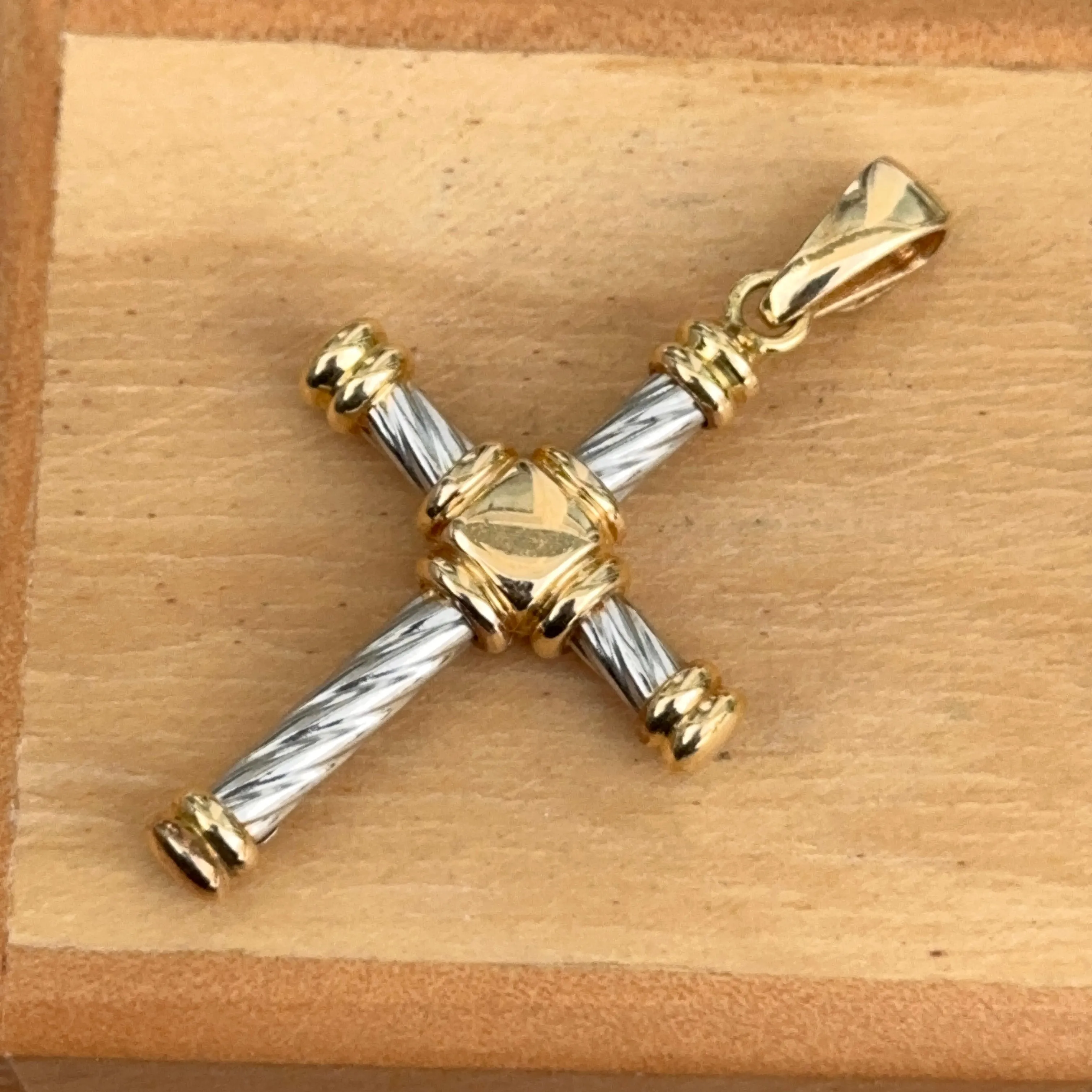 Estate 18KT White   Yellow Gold Twisted Design Cross Pendant