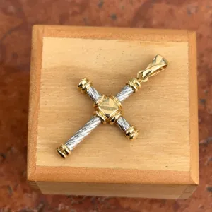Estate 18KT White   Yellow Gold Twisted Design Cross Pendant