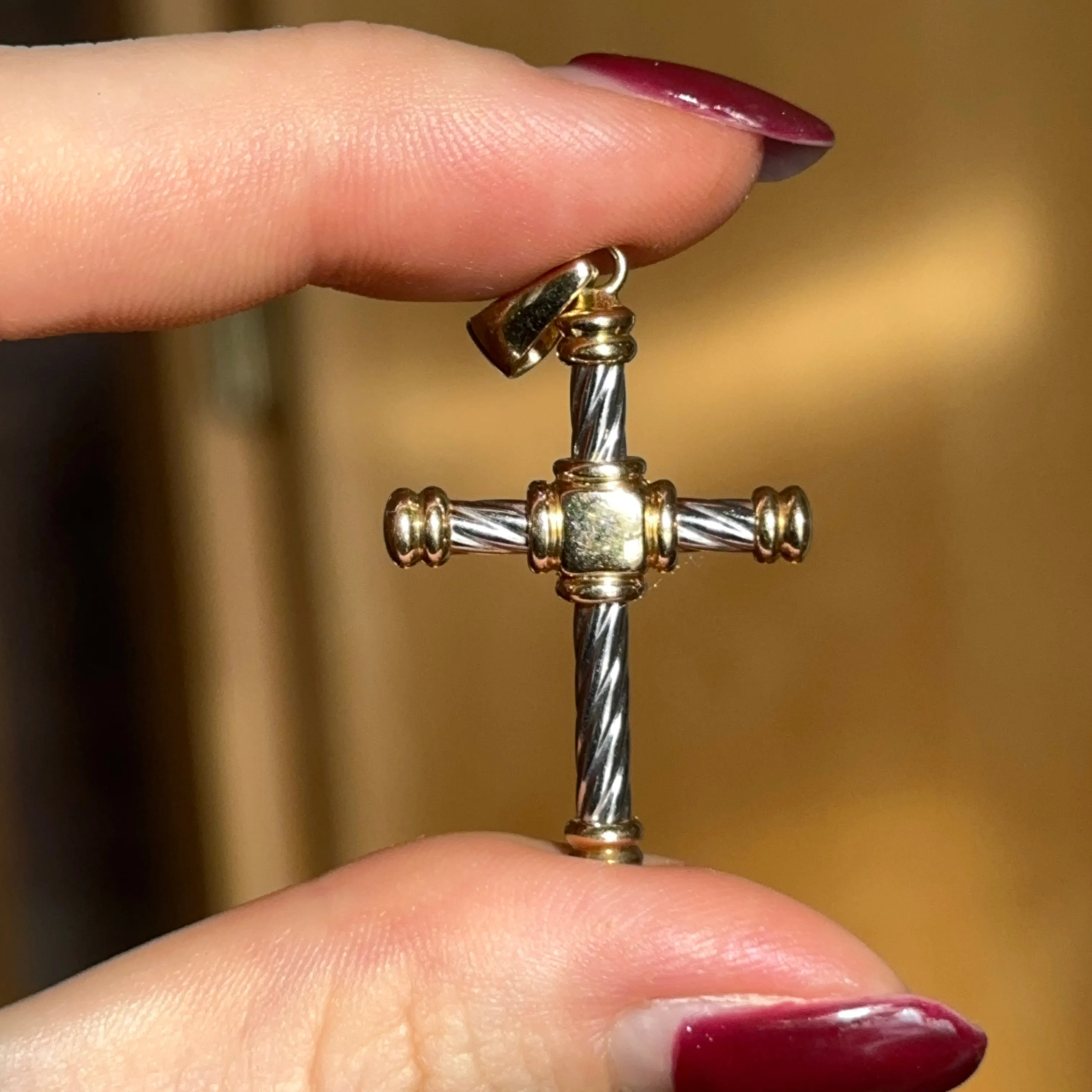 Estate 18KT White   Yellow Gold Twisted Design Cross Pendant