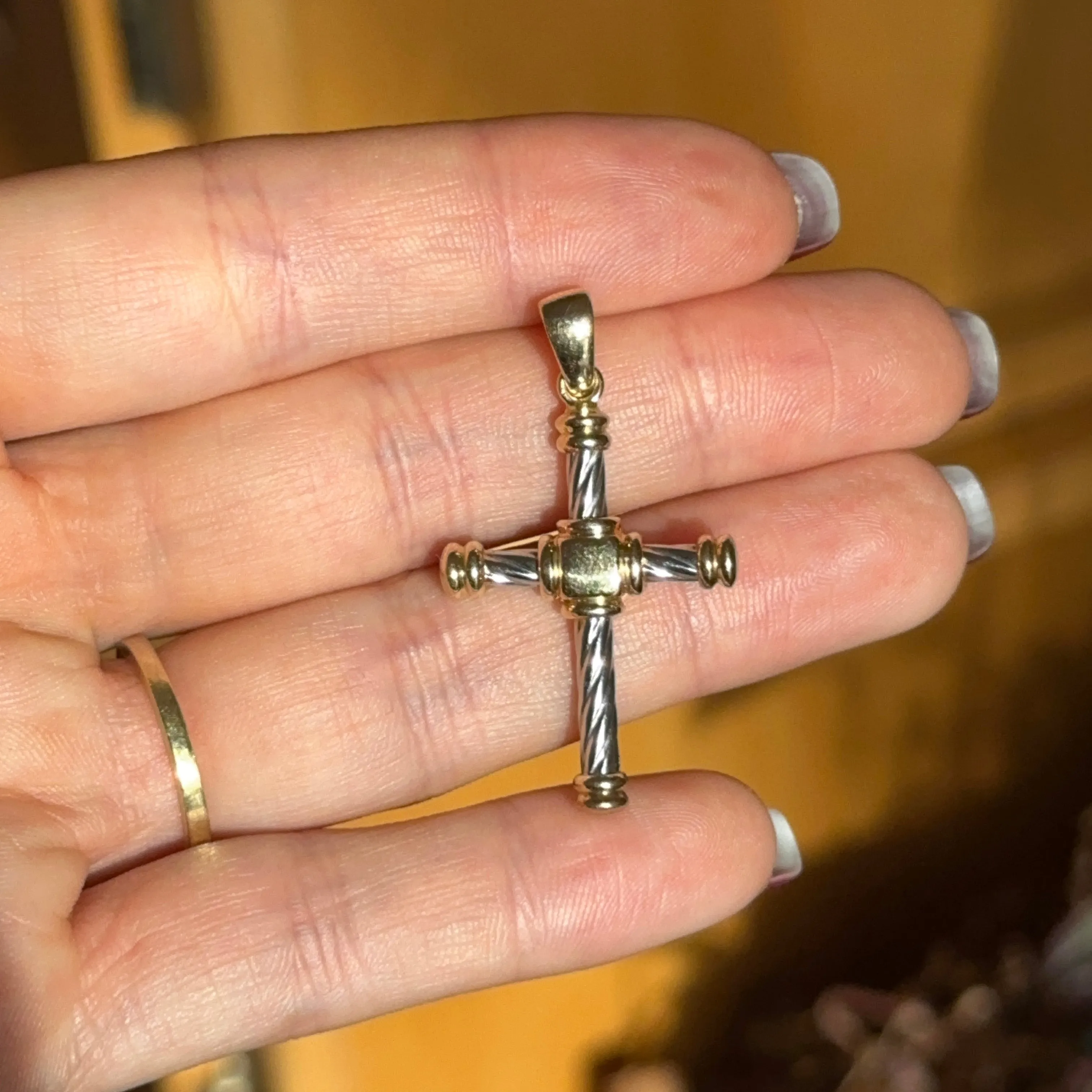 Estate 18KT White   Yellow Gold Twisted Design Cross Pendant