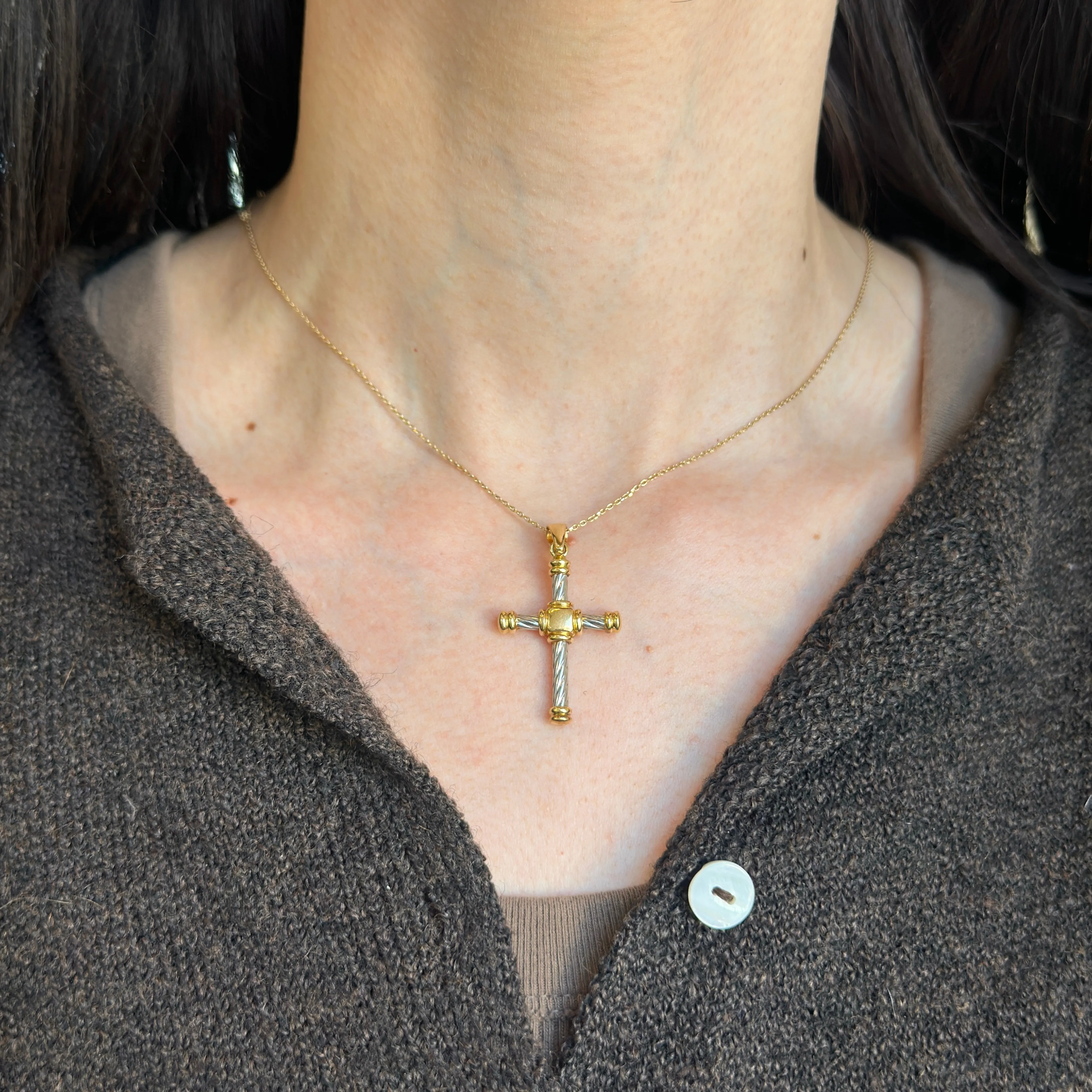 Estate 18KT White   Yellow Gold Twisted Design Cross Pendant