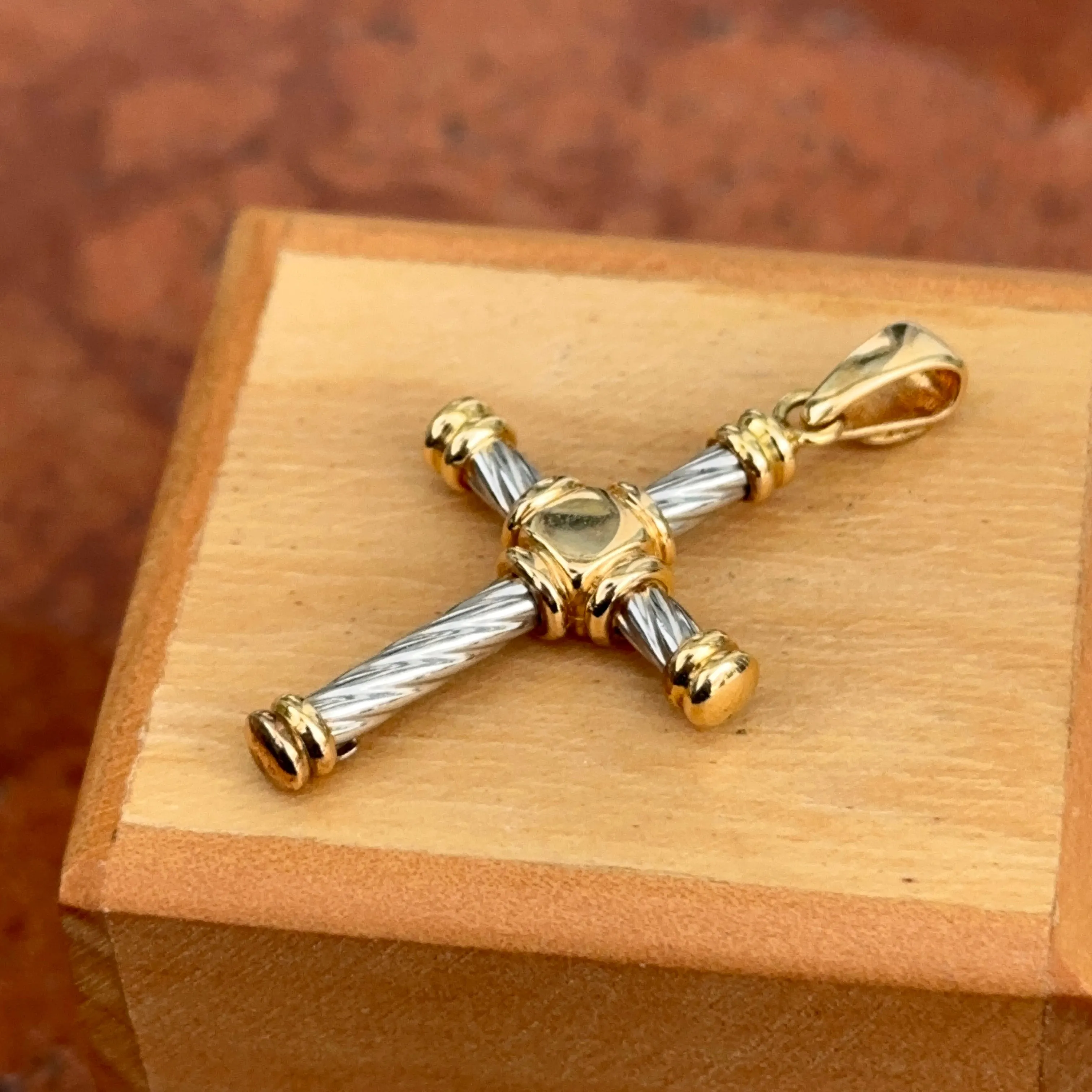 Estate 18KT White   Yellow Gold Twisted Design Cross Pendant