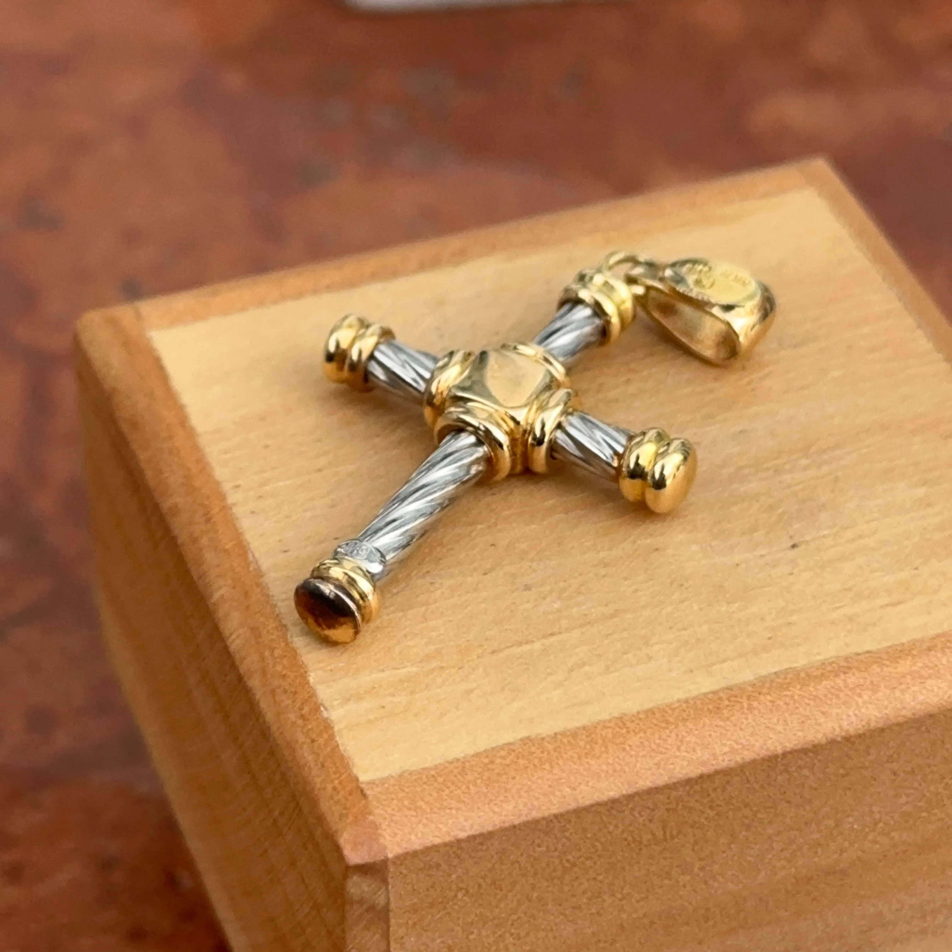 Estate 18KT White   Yellow Gold Twisted Design Cross Pendant