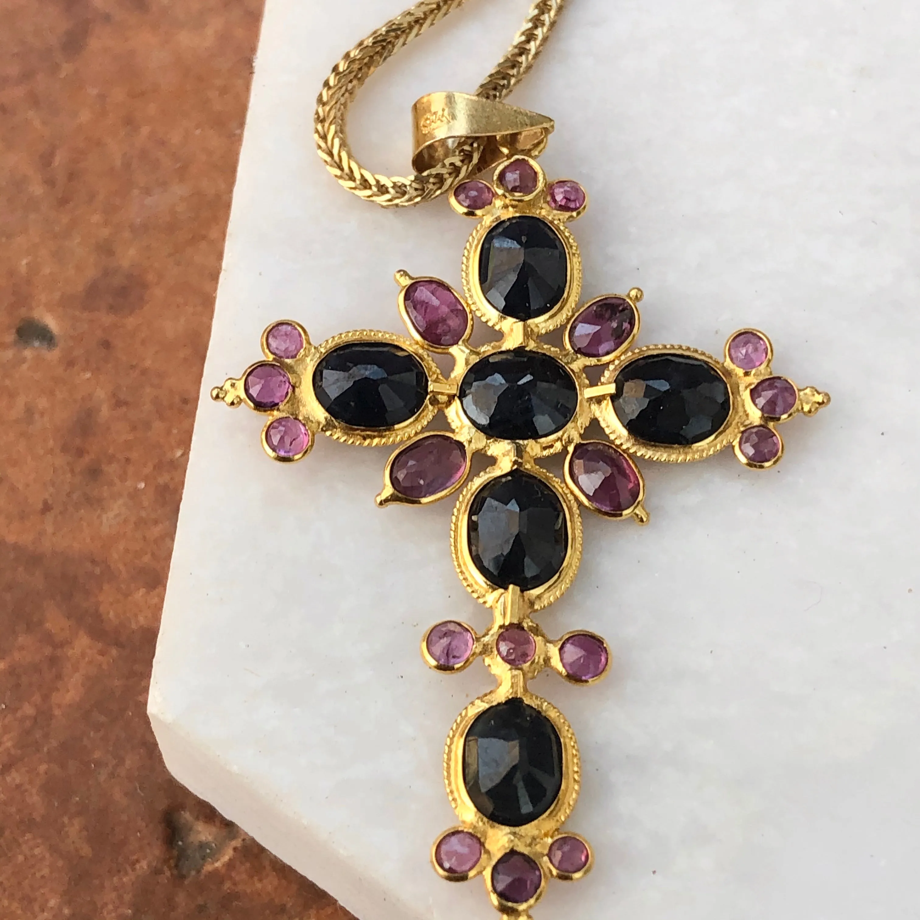 Estate 18KT Yellow Gold Blue Sapphire   Ruby Ornate Cross Pendant