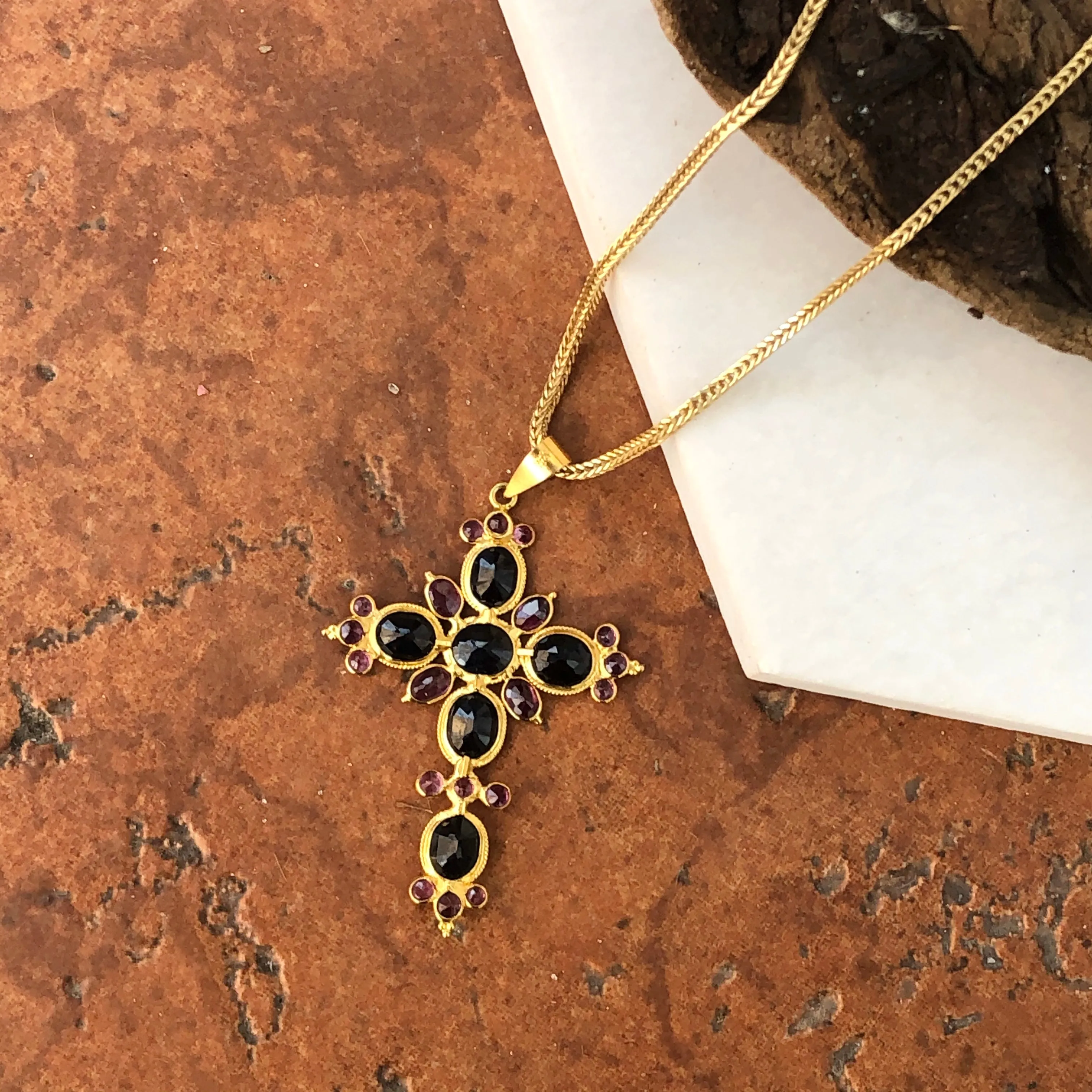 Estate 18KT Yellow Gold Blue Sapphire   Ruby Ornate Cross Pendant