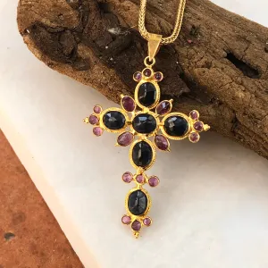 Estate 18KT Yellow Gold Blue Sapphire   Ruby Ornate Cross Pendant