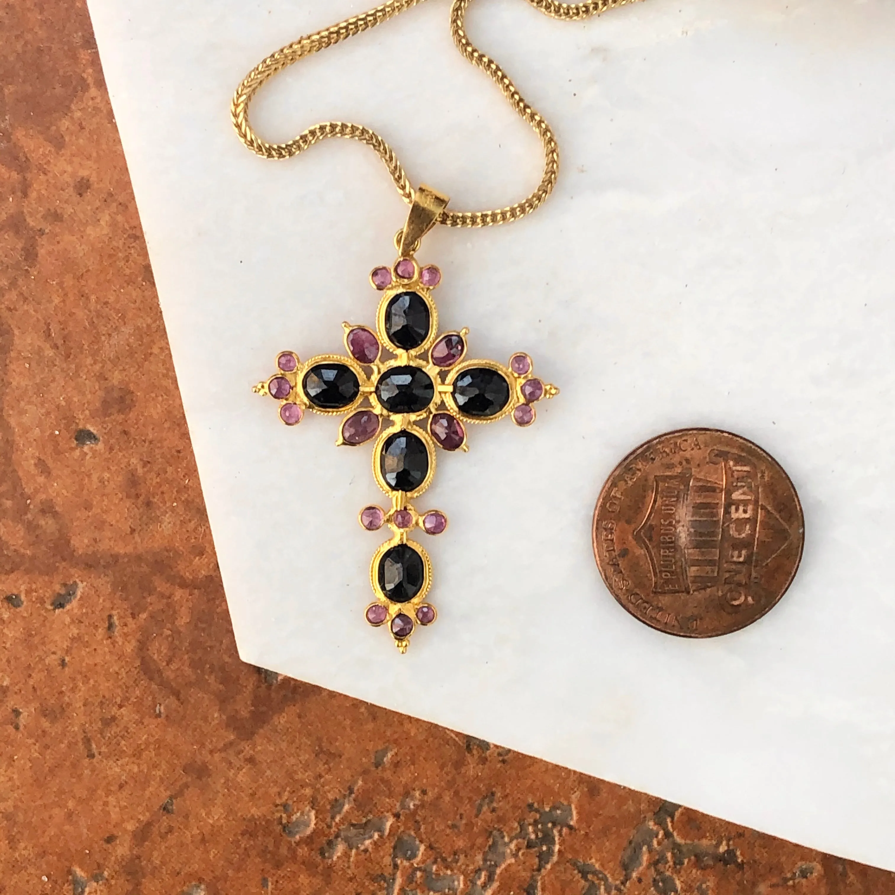 Estate 18KT Yellow Gold Blue Sapphire   Ruby Ornate Cross Pendant