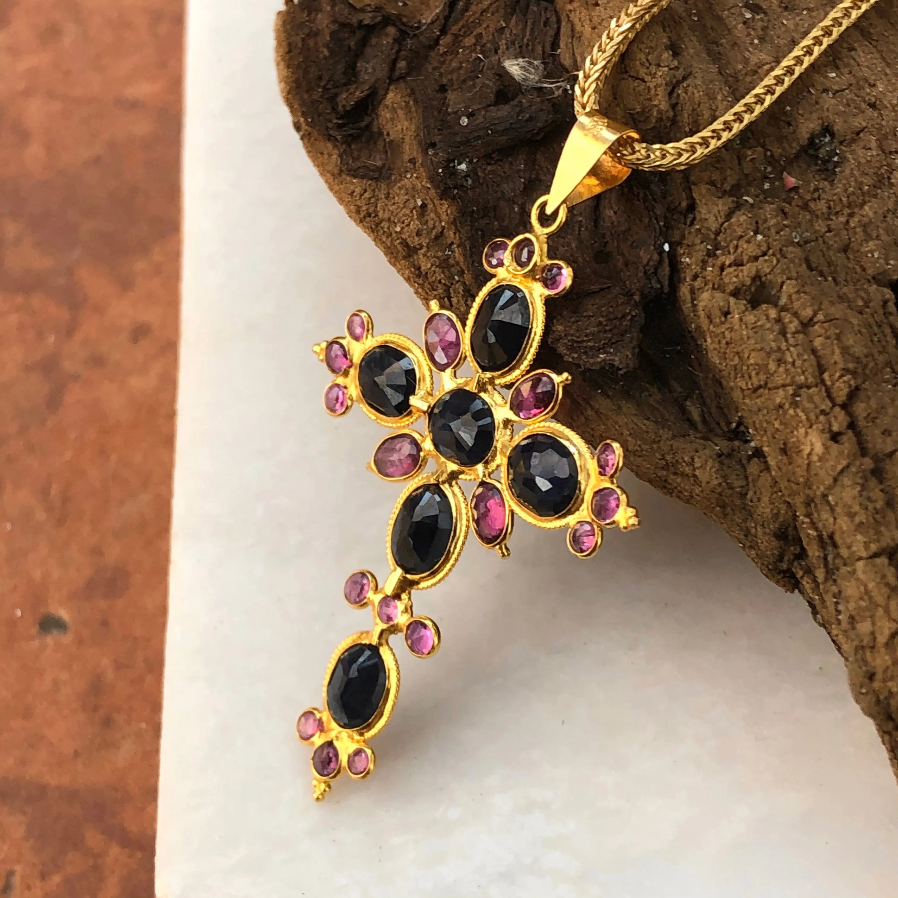 Estate 18KT Yellow Gold Blue Sapphire   Ruby Ornate Cross Pendant