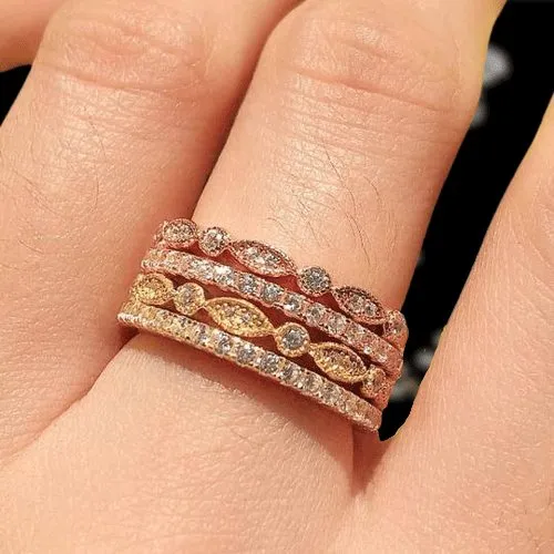 Eternity Three Tone 4PC Stackable Wedding Band Set