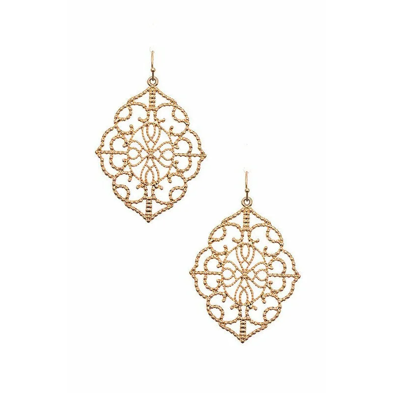 Filigree Ornate Dangle Earrings - Gold