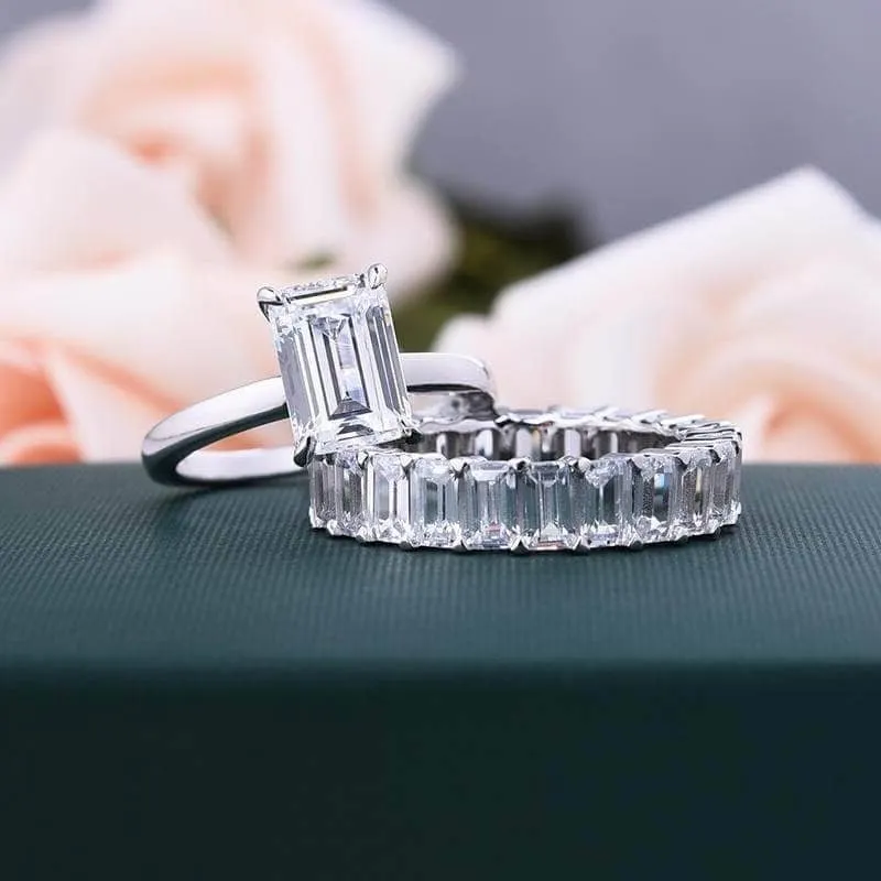 Flash Sale - Emerald Cut Solitaire Diamond Wedding Ring Set