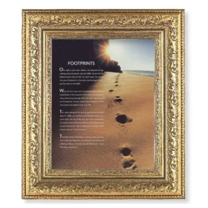 Footprints Print (Framed in Gold Leaf Antique Frame) 14 1/2"