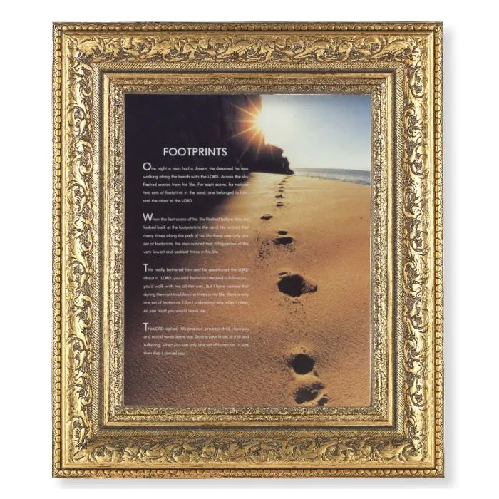 Footprints Print (Framed in Gold Leaf Antique Frame) 14 1/2"