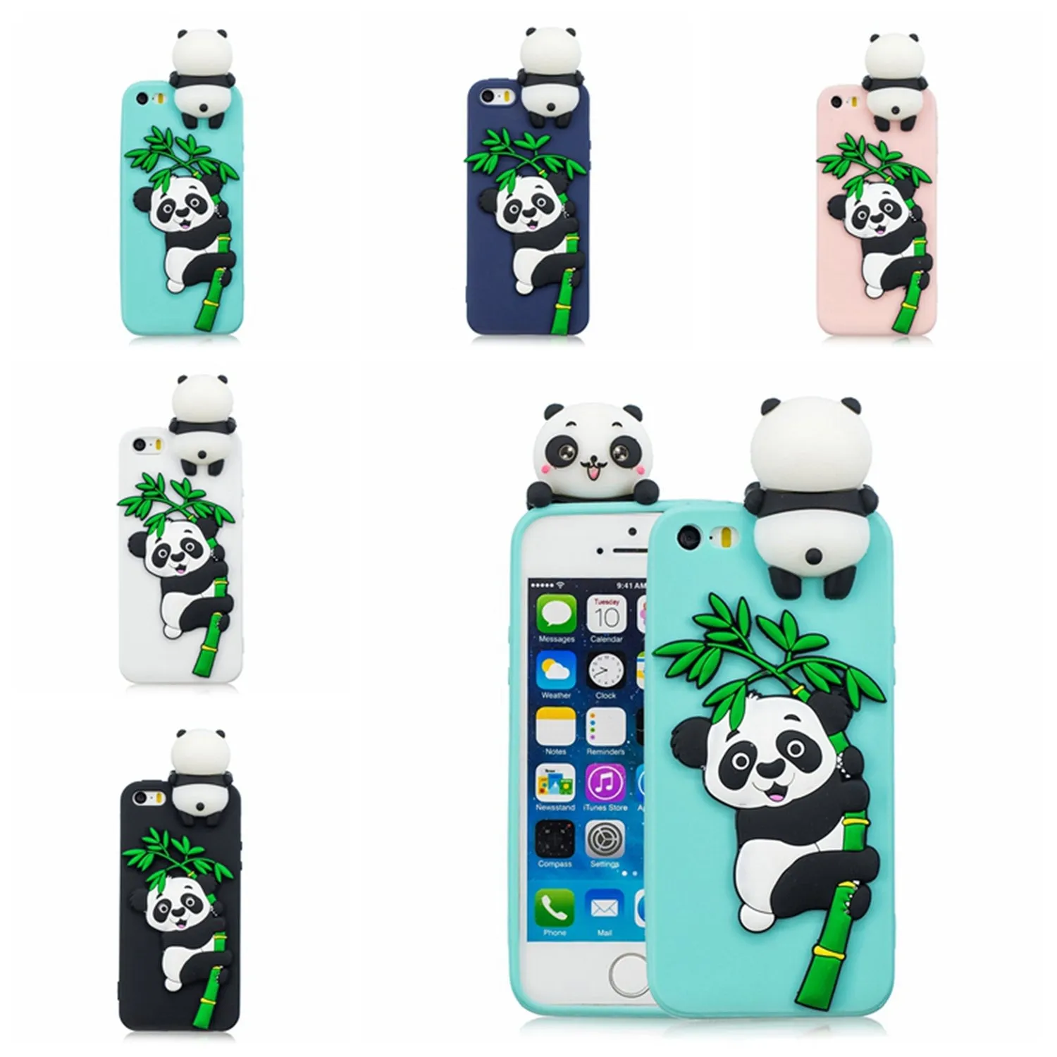 For iPhone 5/5S/SE/6/6S/6 Plus/6S Plus/7/8/7 Plus/8 Plus Phone Case 3D Cartoon Panda Bamboo Cellphone Back Shell Shockproof Smartphone Cover Black