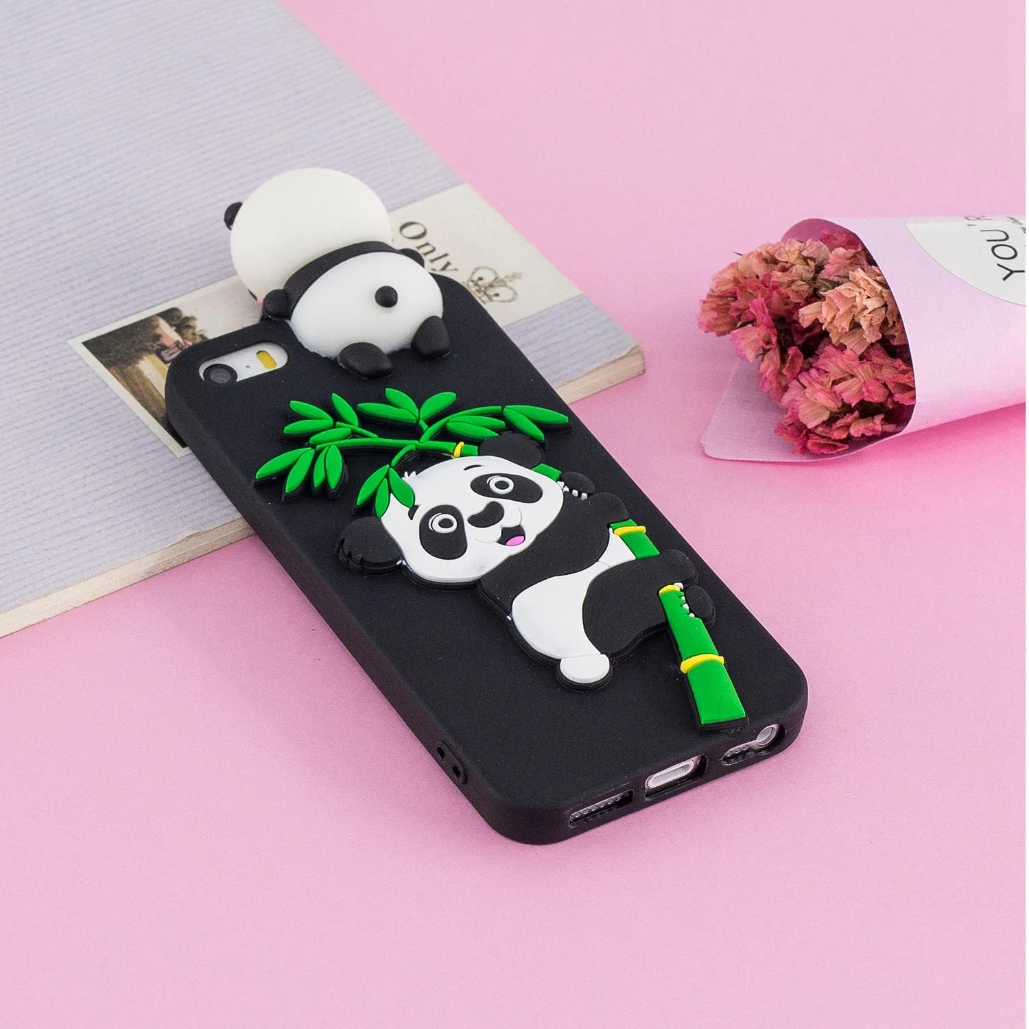 For iPhone 5/5S/SE/6/6S/6 Plus/6S Plus/7/8/7 Plus/8 Plus Phone Case 3D Cartoon Panda Bamboo Cellphone Back Shell Shockproof Smartphone Cover Black
