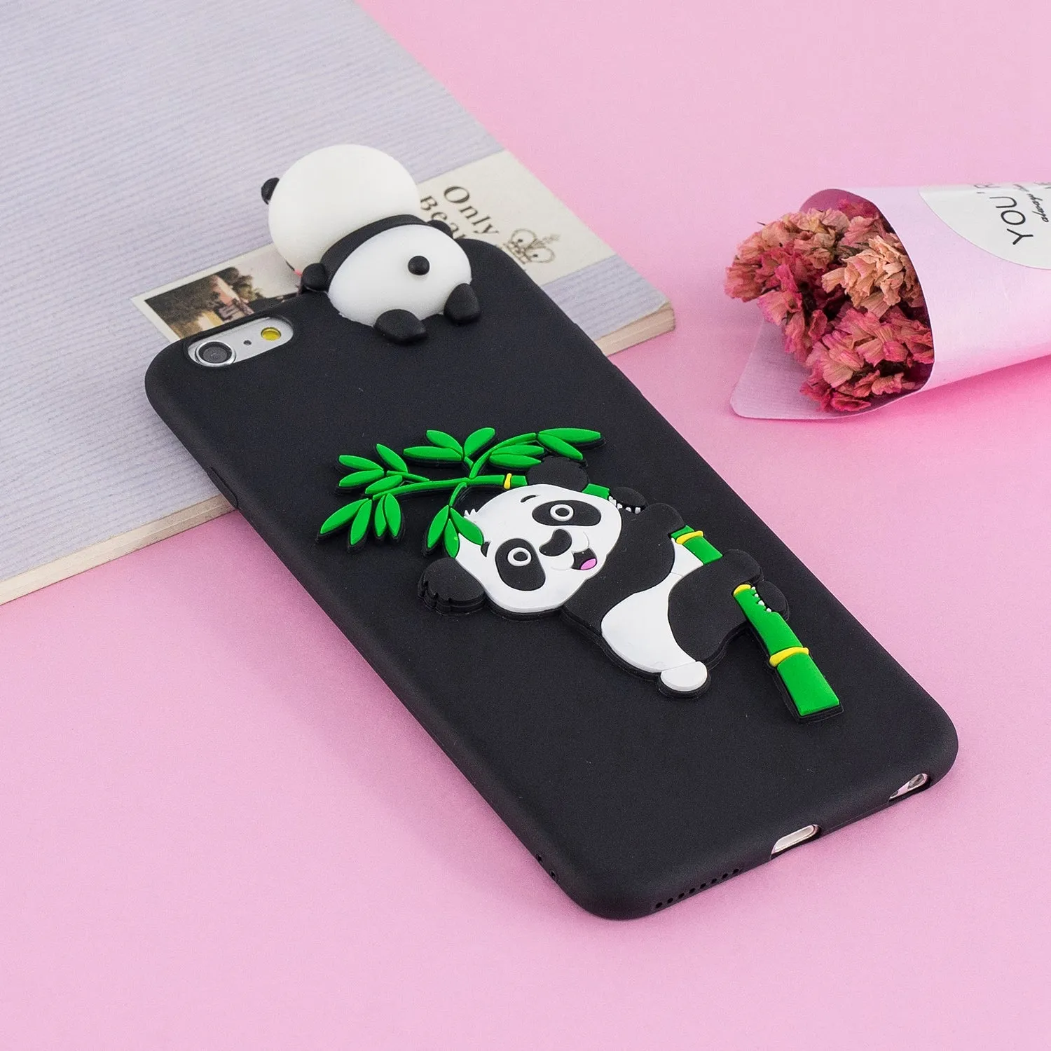 For iPhone 5/5S/SE/6/6S/6 Plus/6S Plus/7/8/7 Plus/8 Plus Phone Case 3D Cartoon Panda Bamboo Cellphone Back Shell Shockproof Smartphone Cover Black