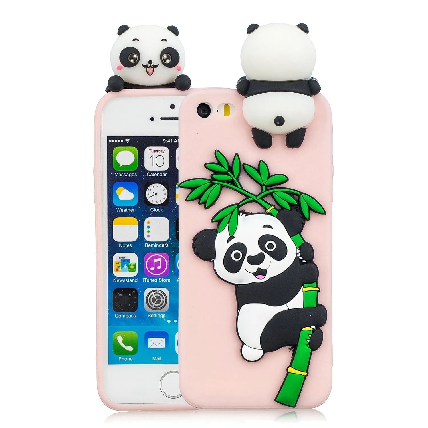 For iPhone 5/5S/SE/6/6S/6 Plus/6S Plus/7/8/7 Plus/8 Plus Phone Case 3D Cartoon Panda Bamboo Cellphone Back Shell Shockproof Smartphone Cover Black