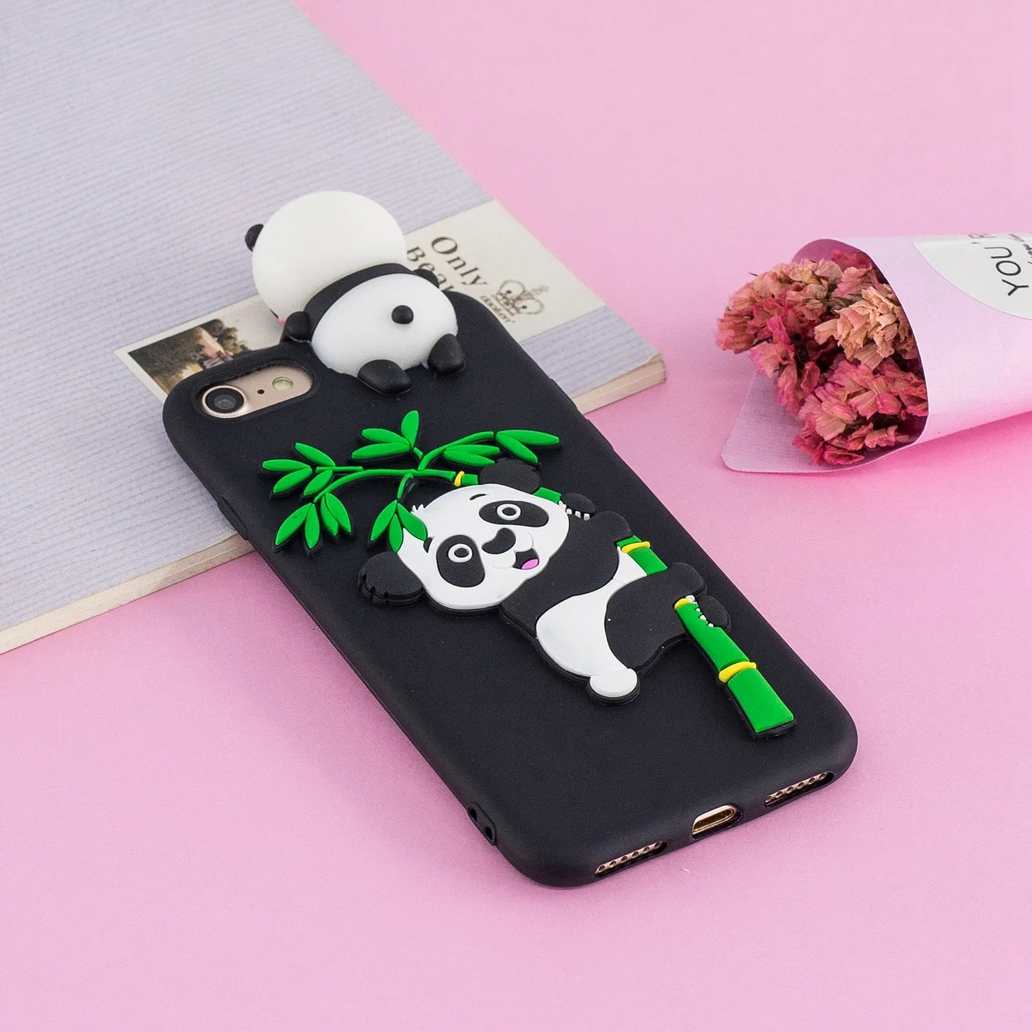 For iPhone 5/5S/SE/6/6S/6 Plus/6S Plus/7/8/7 Plus/8 Plus Phone Case 3D Cartoon Panda Bamboo Cellphone Back Shell Shockproof Smartphone Cover Black
