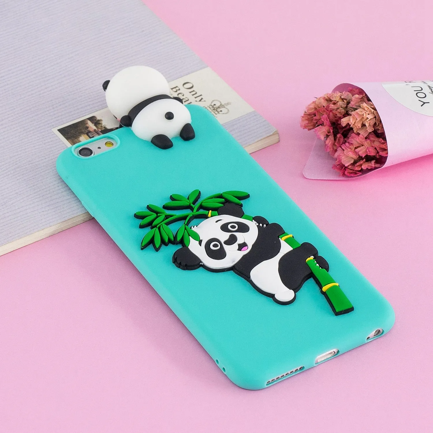 For iPhone 5/5S/SE/6/6S/6 Plus/6S Plus/7/8/7 Plus/8 Plus Phone Case 3D Cartoon Panda Bamboo Cellphone Back Shell Shockproof Smartphone Cover Light blue