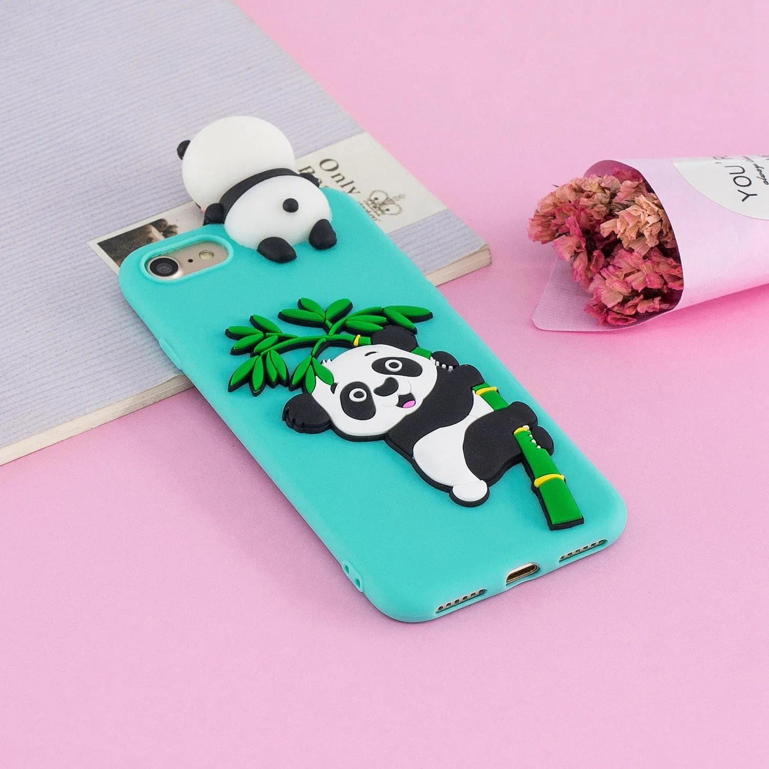 For iPhone 5/5S/SE/6/6S/6 Plus/6S Plus/7/8/7 Plus/8 Plus Phone Case 3D Cartoon Panda Bamboo Cellphone Back Shell Shockproof Smartphone Cover Light blue