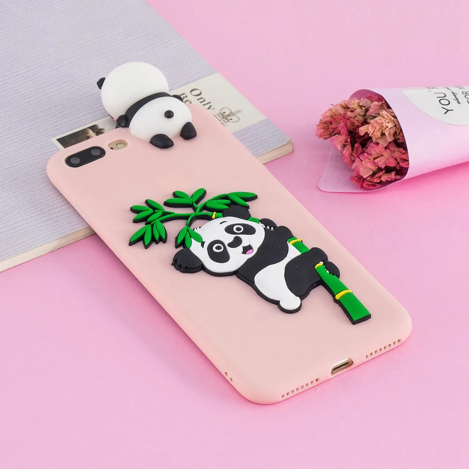 For iPhone 5/5S/SE/6/6S/6 Plus/6S Plus/7/8/7 Plus/8 Plus Phone Case 3D Cartoon Panda Bamboo Cellphone Back Shell Shockproof Smartphone Cover Pink
