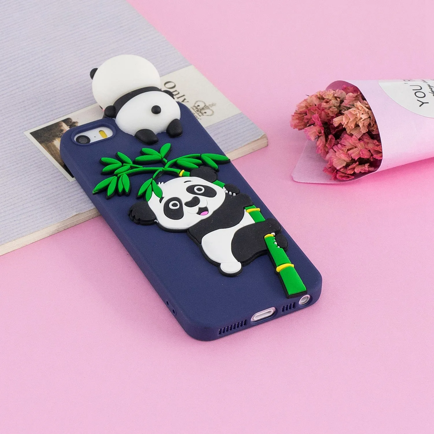 For iPhone 5/5S/SE/6/6S/6 Plus/6S Plus/7/8/7 Plus/8 Plus Phone Case 3D Cartoon Panda Bamboo Cellphone Back Shell Shockproof Smartphone Cover Royal blue