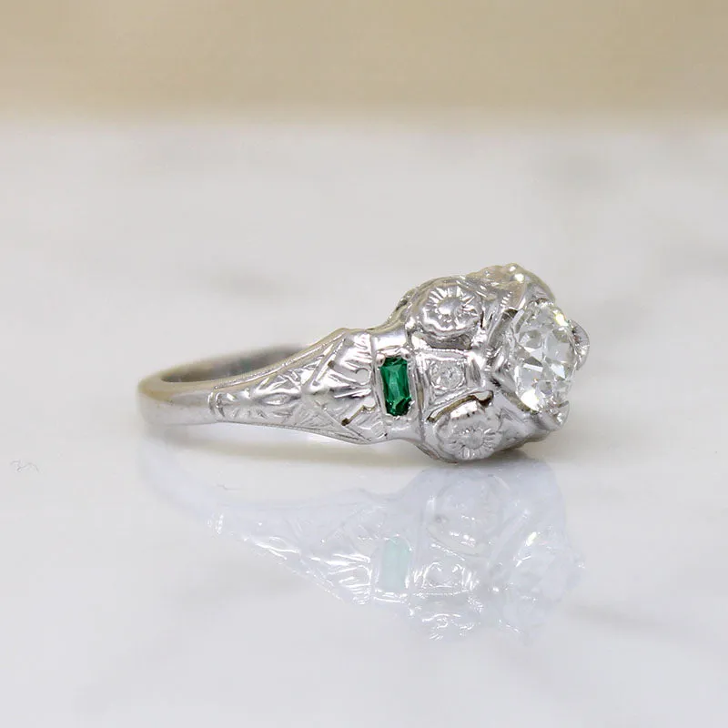 Fresh Floral Art Deco Diamond Ring with Emerald Accents