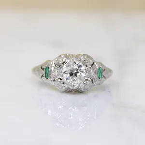 Fresh Floral Art Deco Diamond Ring with Emerald Accents
