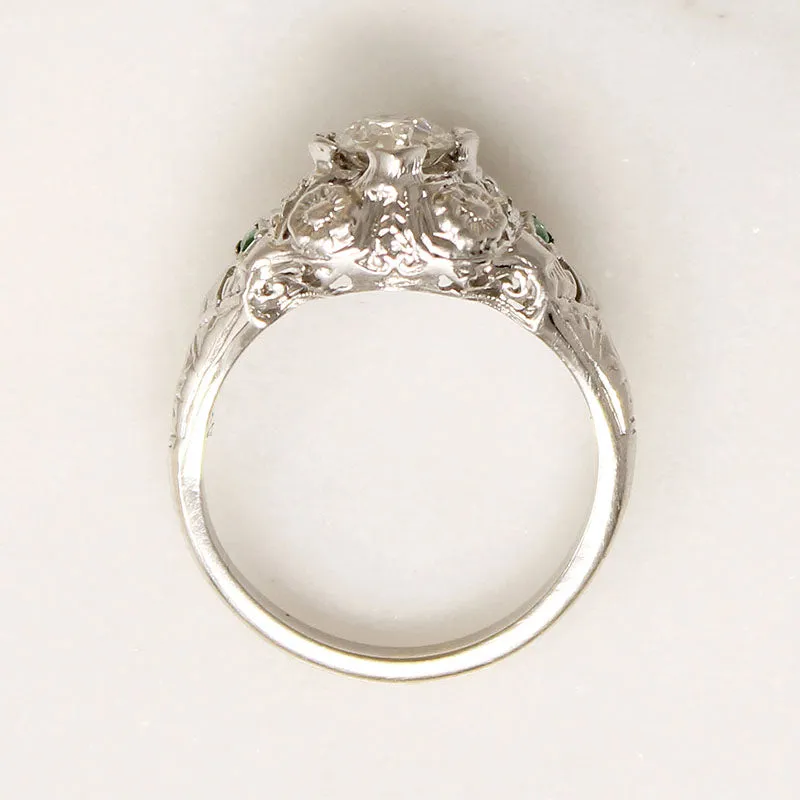 Fresh Floral Art Deco Diamond Ring with Emerald Accents
