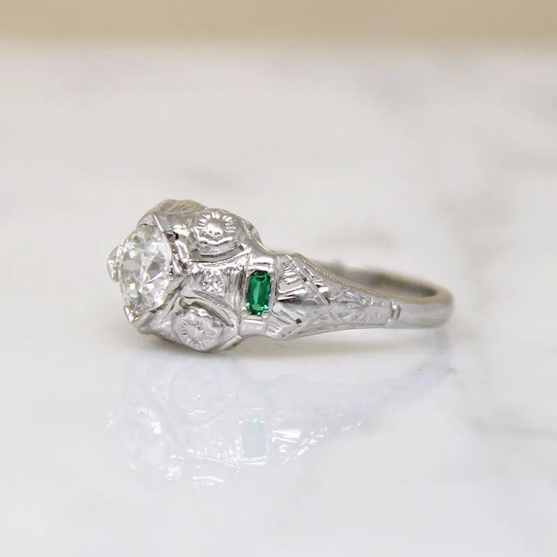 Fresh Floral Art Deco Diamond Ring with Emerald Accents