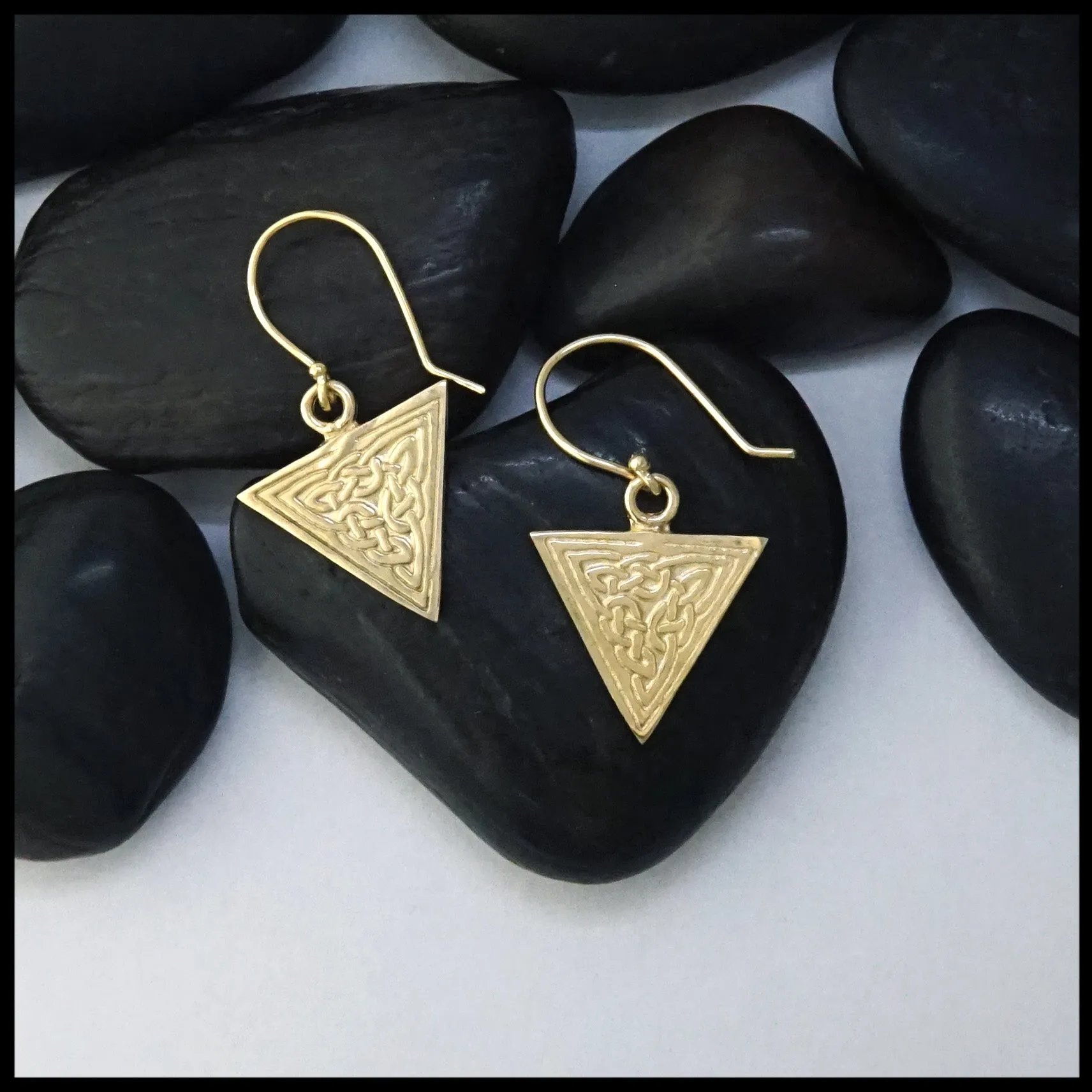 Gold Ornate Triangle Celtic Knot Drop Earrings