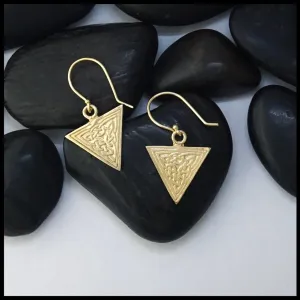 Gold Ornate Triangle Celtic Knot Drop Earrings