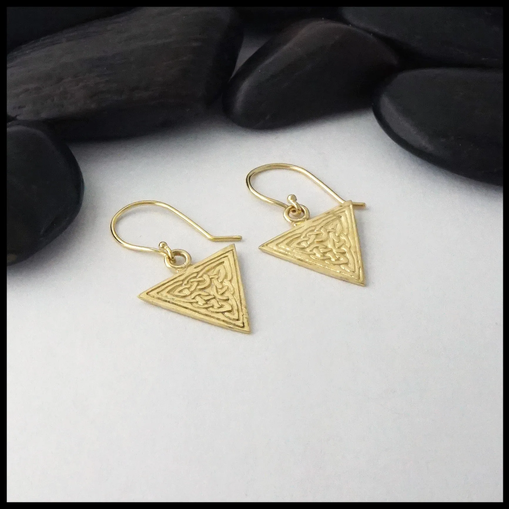 Gold Ornate Triangle Celtic Knot Drop Earrings