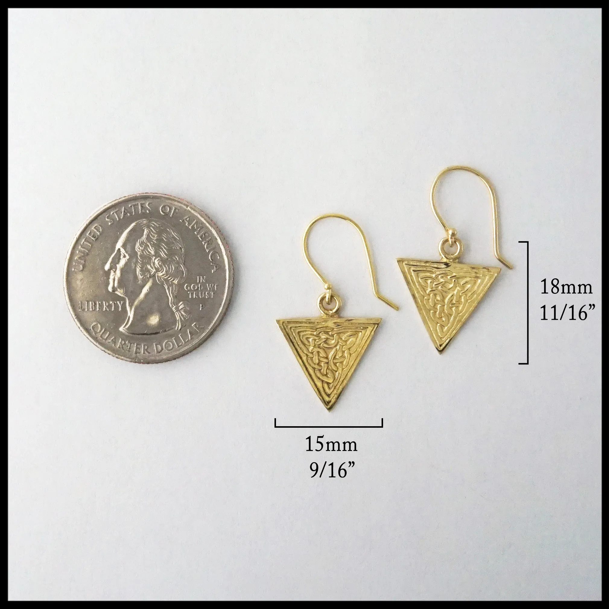 Gold Ornate Triangle Celtic Knot Drop Earrings