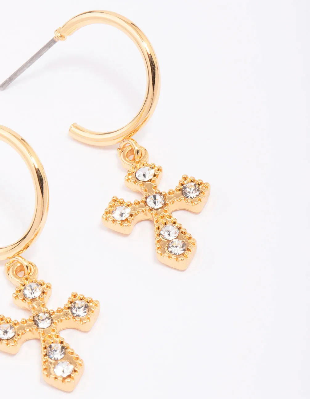 Gold Plated Diamante Ornate Cross Drop Earrings