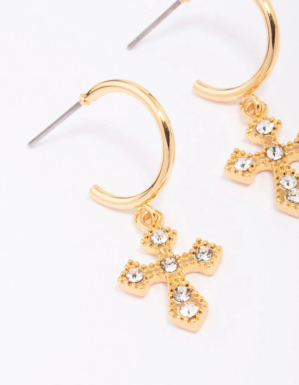 Gold Plated Diamante Ornate Cross Drop Earrings