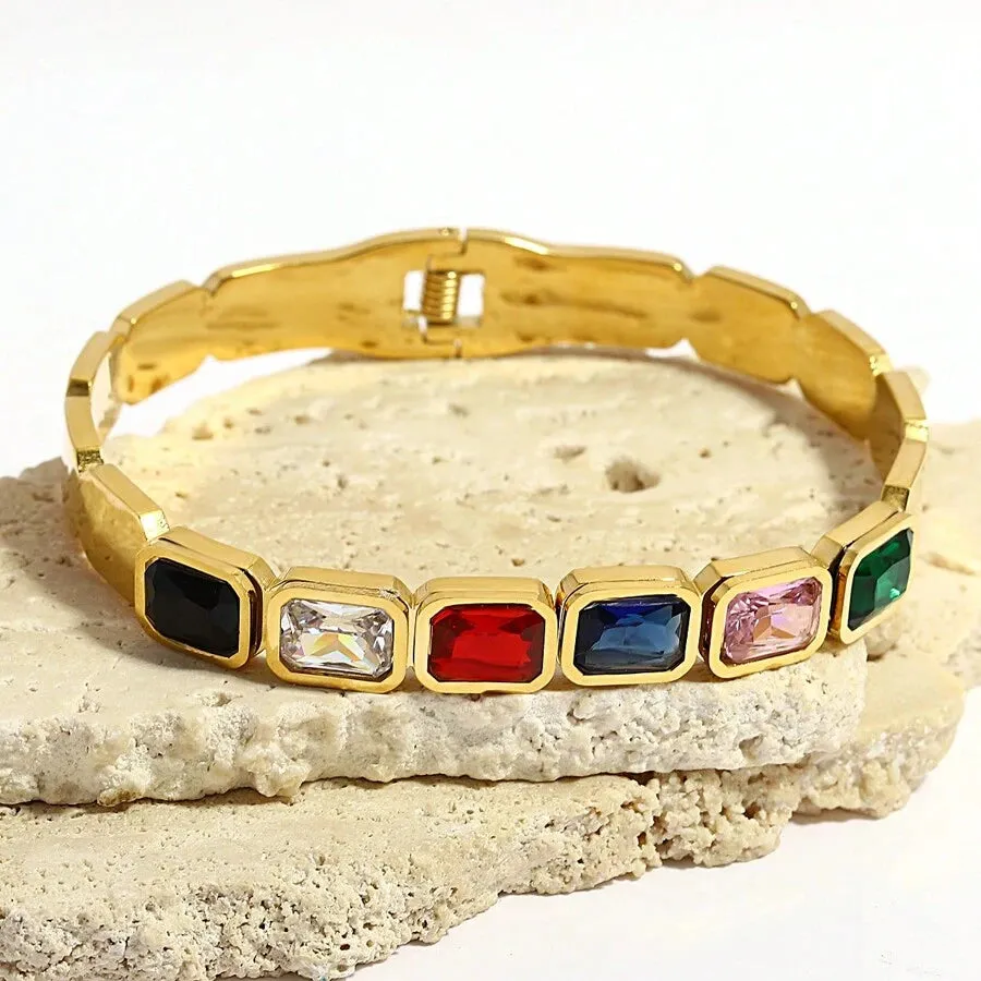 Gold Plated Square Zircon Cuff Bracelet - Stainless Steel Spring Bangle for Women - Geometric Fashion Jewelry in Gold Color