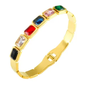 Gold Plated Square Zircon Cuff Bracelet - Stainless Steel Spring Bangle for Women - Geometric Fashion Jewelry in Gold Color